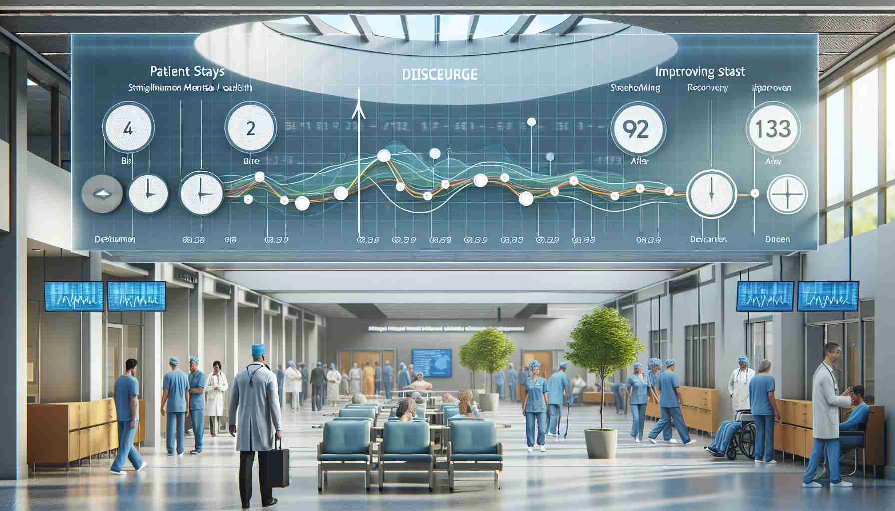 A highly detailed and realistic visualization showing the impact of streamlining mental health patient discharge processes. The image portrays an efficiently functioning mental health care center. It includes elements such as improved patient charts indicating shorter hospital stays and improved recovery stats, medical professionals with satisfied expressions, and patients leaving the hospital who appear content and healthier. The environment is calm, with clean and organized spaces. There's also a comparison area showing a contrasting before-after scene of the discharge process, visually representing the positive change brought about by the streamlined processes.