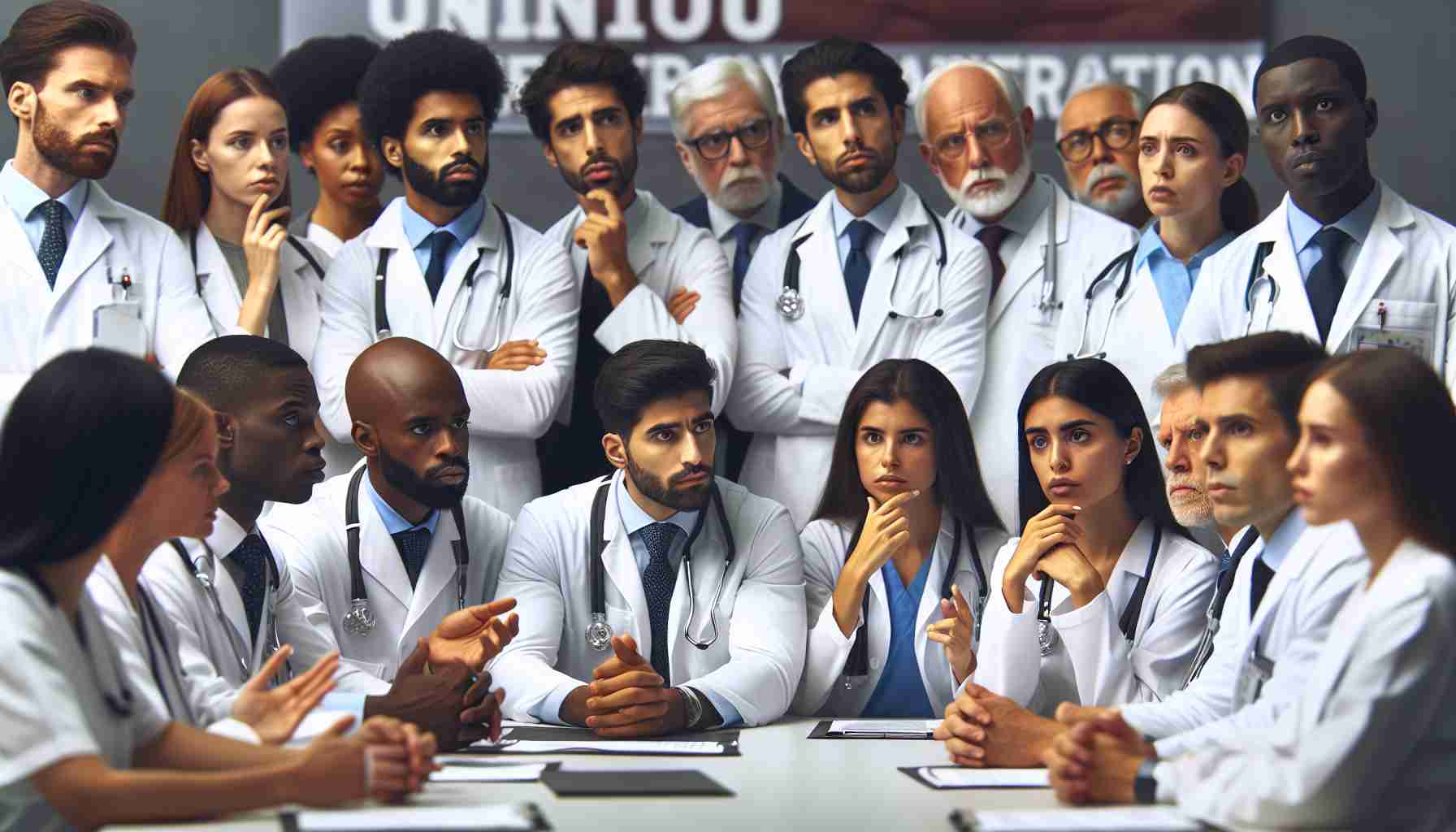 High-quality realistic image of a diverse group of doctors from various descents (Caucasian, Hispanic, Black, Middle-Eastern, South Asian) in their white lab coats and stethoscopes, gathered together for a meeting. They are earnestly engaged in a discussion over critical issues, with clear expressions of concern and determination. In the background, there's a large banner with the words 'Union Calls for Government Accountability' printed in bold, clearly visible font.