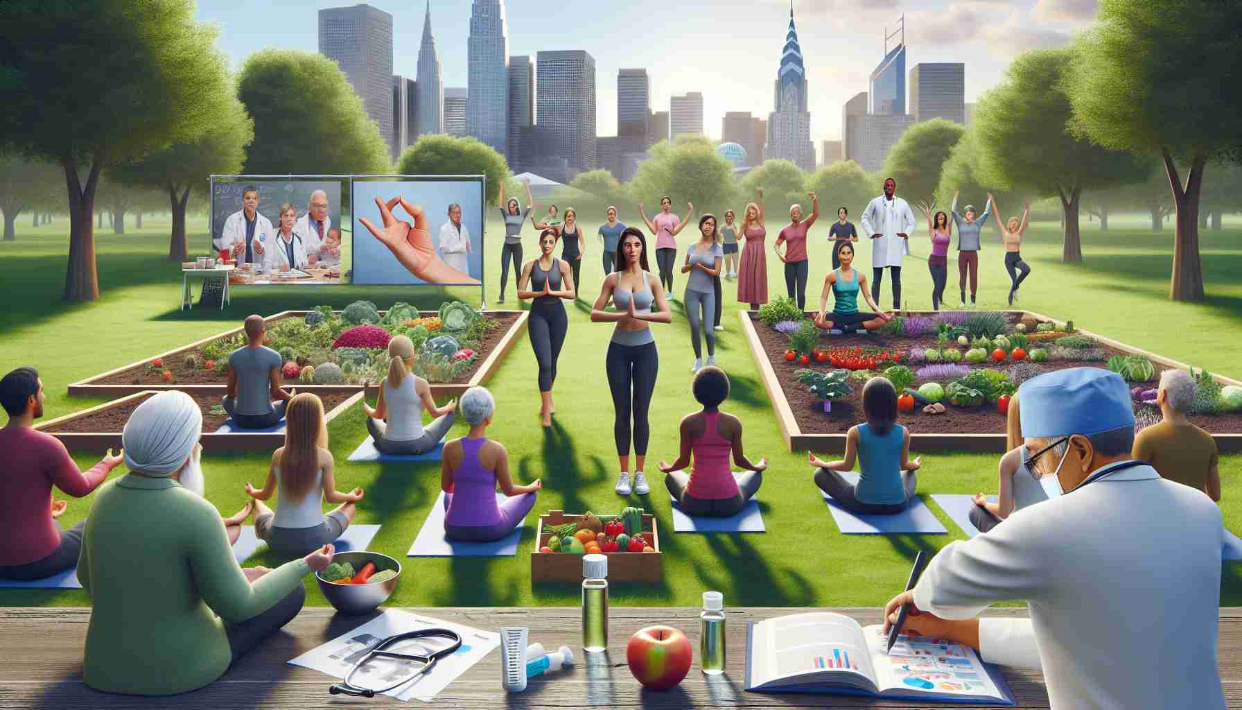 Generate a realistic HD image depicting an involved community promoting health through preventative measures. This could consist of a diverse group of people, like a Caucasian woman leading a yoga class in the park, a Middle-Eastern man giving a presentation about the benefits of healthy eating, a Hispanic grandmother teaching her grandchildren how to plant vegetables in a communal garden, and a Black nurse facilitating a vaccination campaign. The scene should highlight harmony, education, and the proactive participation of everyone involved.