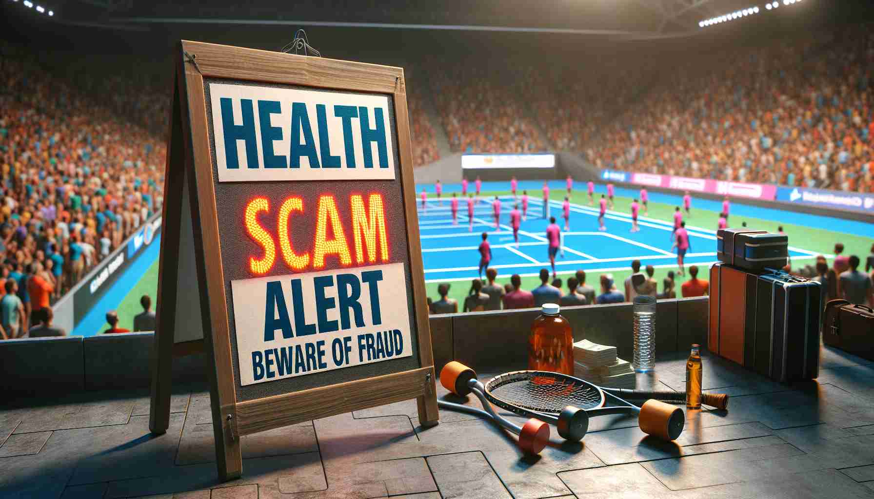 A detailed and realistic HD depiction of a health scam alert. The alert is attached to a board in a public space during a major sporting event. The board is placed next to sports equipment and there's a chaotic background that reflects the crowd and fervor of an ongoing sporting event. The words 'Health Scam Alert: Beware of Fraud' are clearly written on the sign.