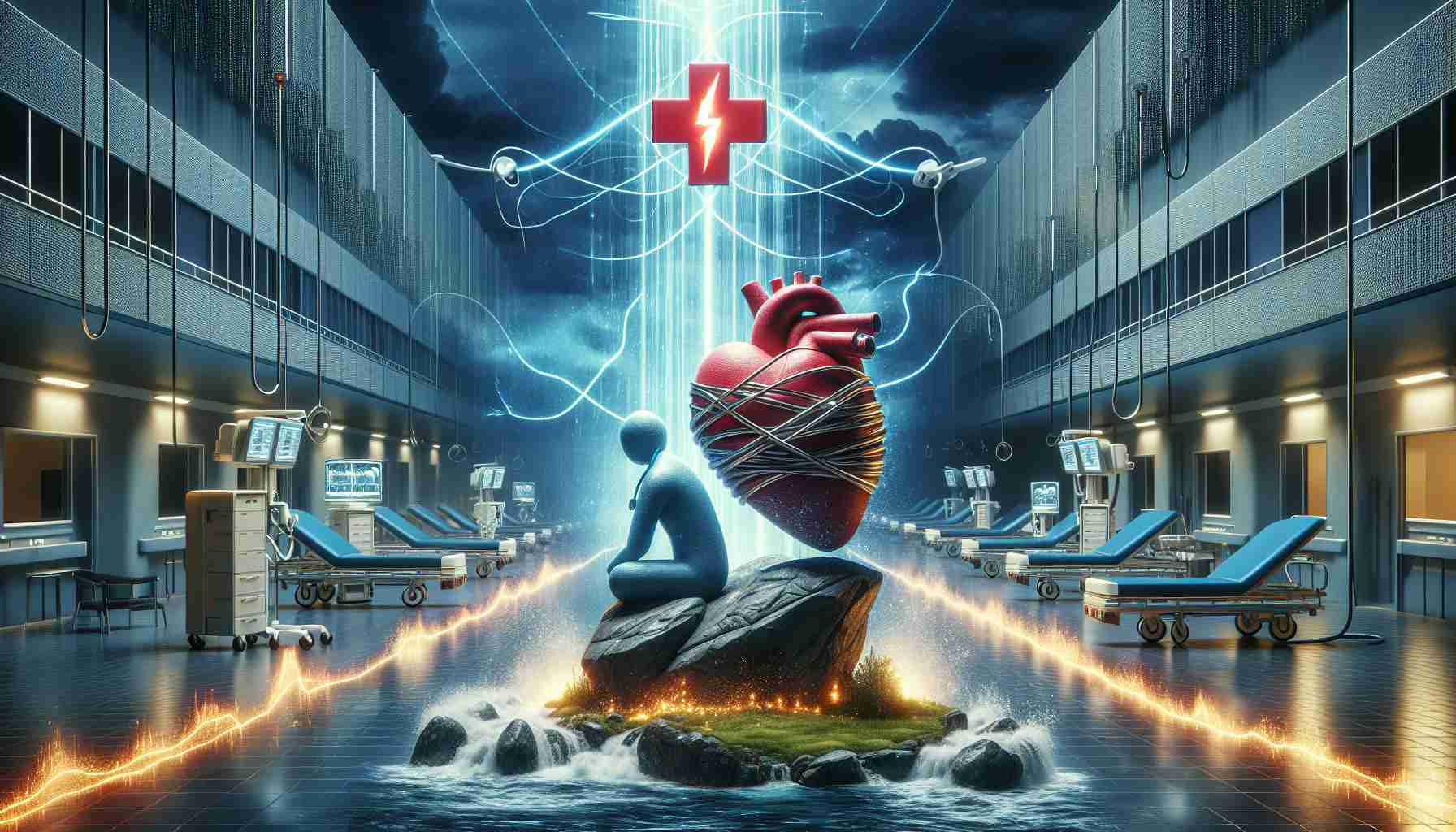 High-definition digital rendering of a symbolic scene representing the enduring power of healthcare in the midst of technological change and instability. The setting could be a modern hospital, clean and bright with high-tech equipment. Amidst this, there's a calming figure symbolizing healthcare – perhaps a stethoscope, a red cross or a heart. Metaphors for resilience should be included, like a rock standing firm against rough waves. Additionally, elements representing technological turmoil could be shown as tangled wires, flashing error codes, or sparking machinery.