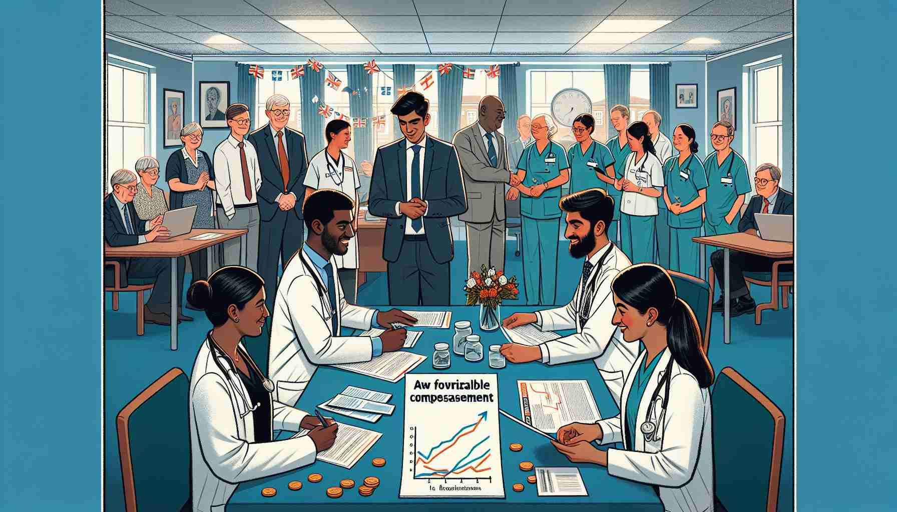 Illustration detailing the moment when a favorable compensation agreement has been reached. The scene plays out in England and involves junior medical practitioners at different stages of their careers, of varying descents including Black, White, and South Asian, and both male and female. Foreground details are a table with relevant documents and graphs demonstrating the improved benefits while the background maintains an office environment indicative of medical management.