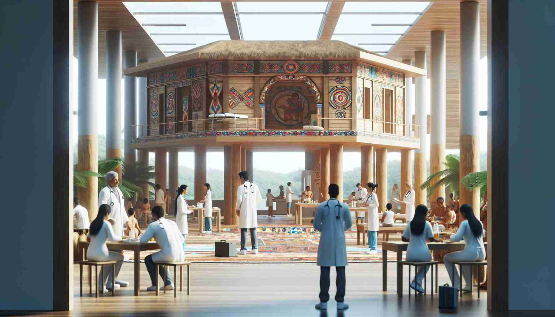 A high definition, realistic image showcasing healthcare initiatives in Indigenous communities. The scene should depict a modern clinic incorporating traditional structures and symbols in its architecture. Medical professionals of multiple descents, like Middle-Eastern, Hispanic, and South Asian, providing care to patients. There might be an area showing traditional medicinal practices being taught or performed. Represent respect for the cultural heritage and advancement in healthcare technology equally.