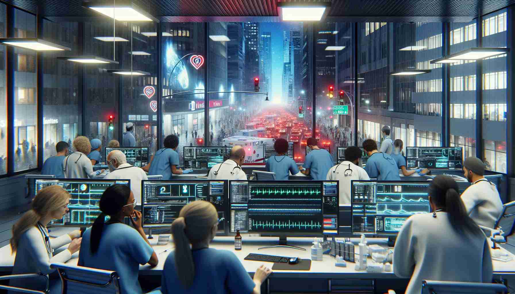 A realistic, high-definition image showing the impact of a global technology outage on healthcare services worldwide. The scene portrays a busy hospital emergency room with healthcare professionals of various genders and descents. The monitors are showing error messages and the lights are flickering, implying a large-scale technological disruption. In the background, through a window, a cityscape is visible, with traffic lights malfunctioning and electronic billboards displaying error screens, emphasizing the global scale of the issue.