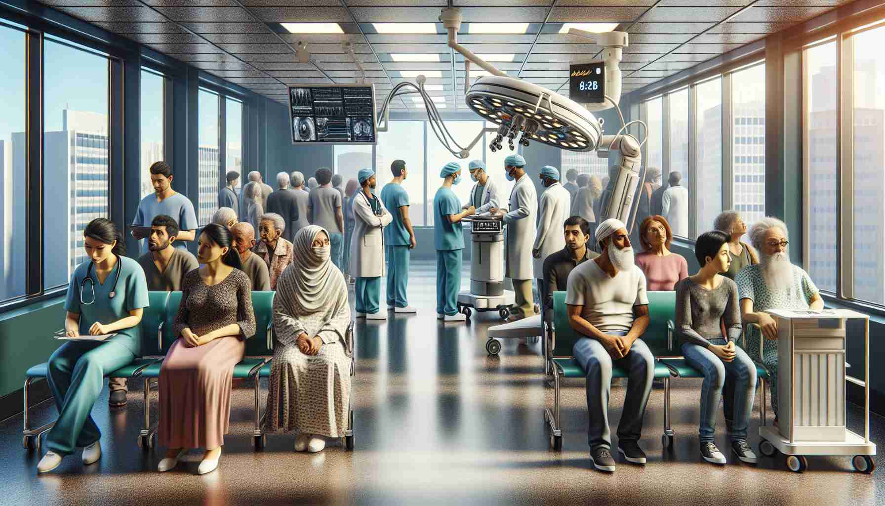 High-definition, realistic illustration of the need for the modernization of healthcare infrastructure. Depict an out-of-date hospital, with long waiting lines filled with diverse people including a Caucasian woman, a Hispanic man, and a South Asian elder. These patients are waiting in an old-fashioned waiting room with outdated equipment. Contrast this with an ultra-modern hospital wing with cutting-edge facilities including robotic surgical equipment and a state-of-the-art medical imaging room. In this modern area, showcase a Middle-Eastern female doctor and a Black male nurse working efficiently with the new technology.