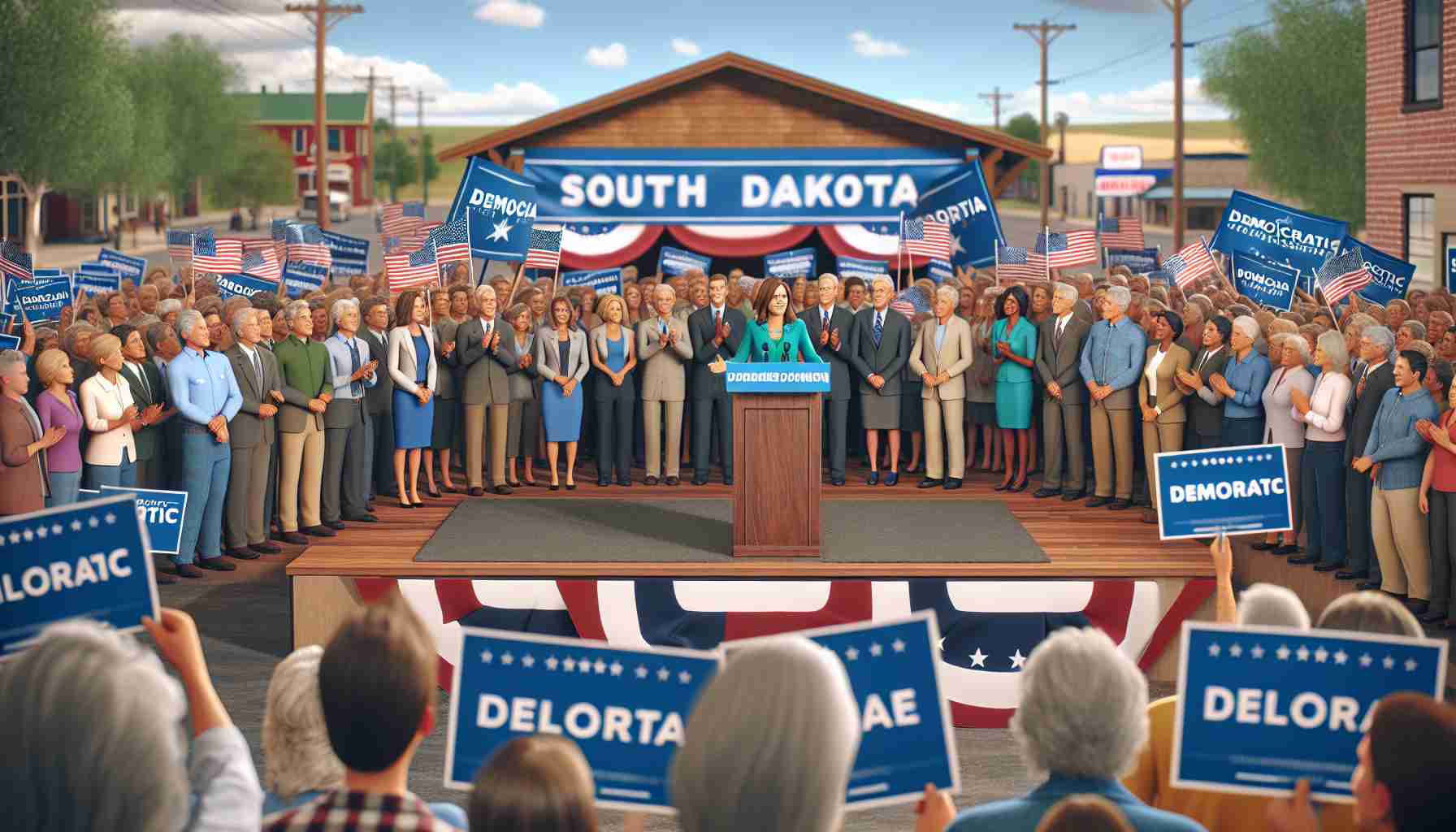 Realistic HD photo of a political rally in South Dakota with local Democratic party members officially endorsing an unidentified female politician for the 2020 Presidential election.