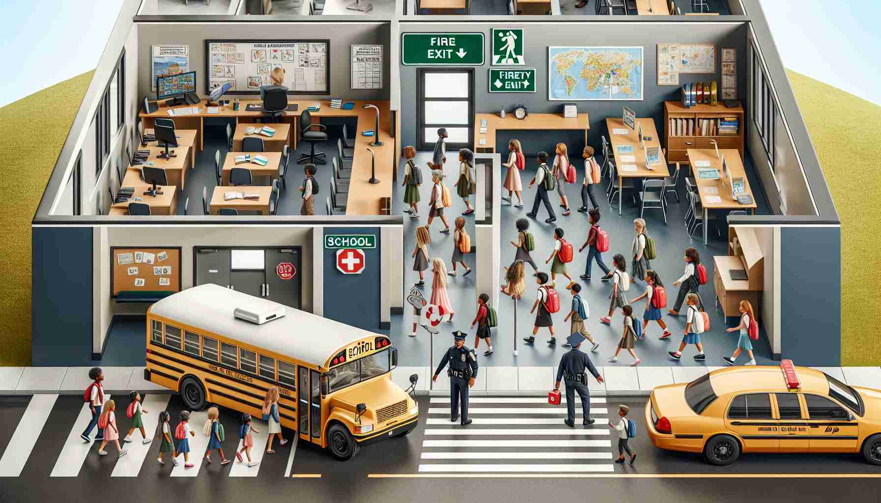 Generate a high-definition, realistic image of a school scenario emphasizing safety. The scene might include visual cues like children using crosswalks under the supervision of a traffic police officer, fire exit signs prominently displayed, and emergency evacuation maps. Integrate elements like a first aid kit in the classroom, school bus with safety belts, and safety equipment in the science lab to illustrate the theme of 'Safety First'. Include students of diverse gender and descent such as Hispanic boys, Black girls, Middle-Eastern boys, and South Asian girls.