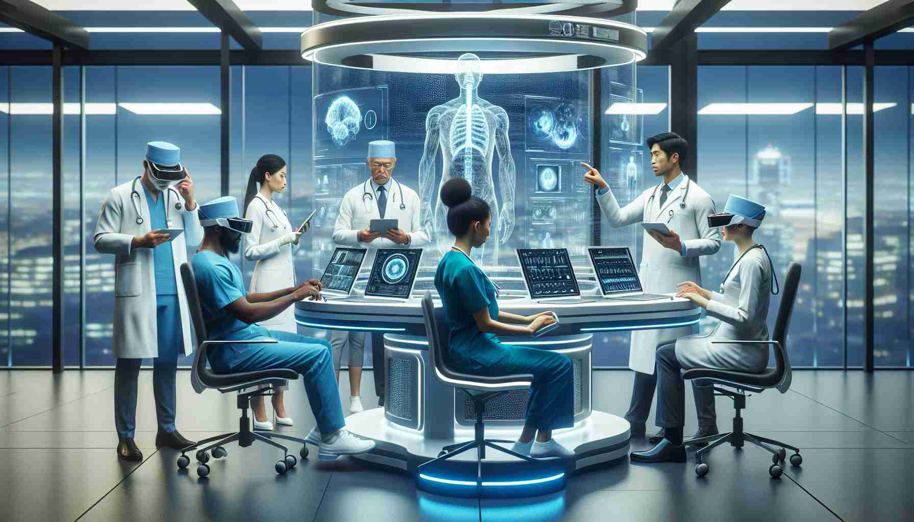 Generate a high-definition, realistic image showcasing the revolution of healthcare through advanced virtual technologies. The scene should represent a modern hospital environment with diverse healthcare professionals of various descents and genders utilizing futuristic tools. For instance, a South Asian female surgeon could be seen using a virtual reality headset to simulate a complex surgical procedure, while a Black male nurse is using a holographic display to monitor patient vitals. Further, a Caucasian male doctor could be seen interacting with AI-powered diagnostic software displayed on a large transparent touchscreen.