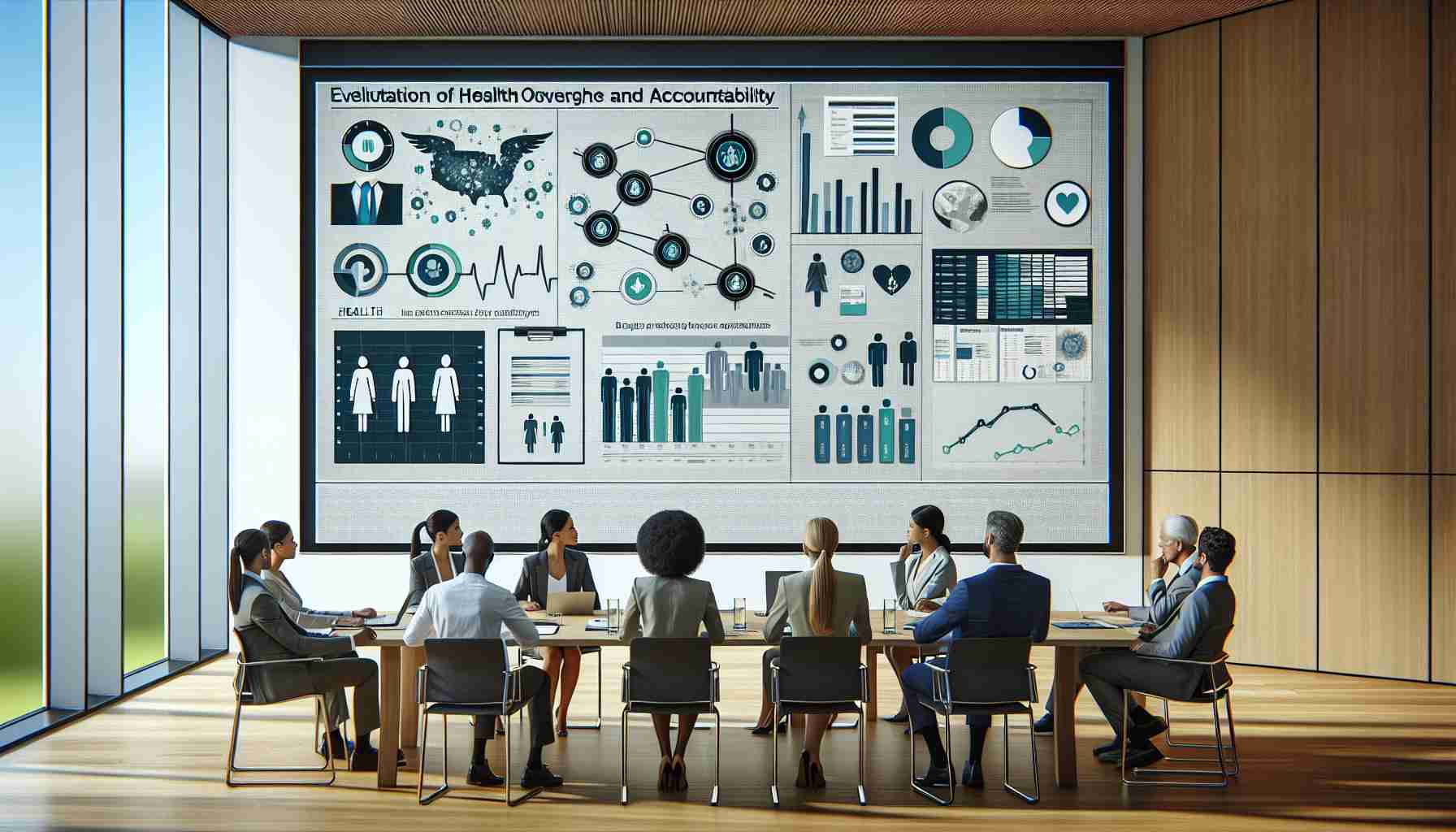 Generate a high-definition, realistic image representing the evaluation of healthcare oversight and accountability. Visualize a group of diverse professionals attentively examining a large diagram of a healthcare system. There may be graphs showing health outcomes and budgets, binders with policies and regulations, and digital devices running analytic software. Include representation of different genders and descents such as a Caucasian female, a Black male, a Middle-Eastern female, and a Hispanic male. The setting is a modern, well-lit meeting room.