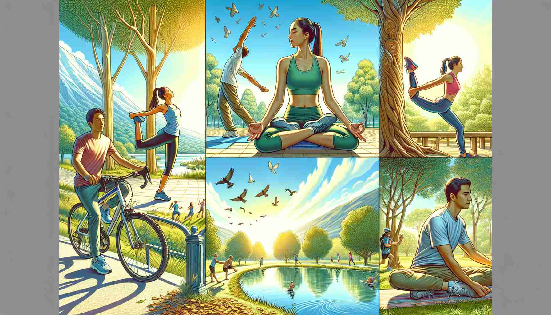 Detailed image of an outdoor exercise setting emphasizing relaxation and mental well-being. Include a diverse group of individuals: a Middle-Eastern female jogger, a Caucasian male doing yoga poses, a Hispanic female cyclist, and a South Asian male doing stretching exercises. The environment should be peaceful with trees, a pristine lake, bright blue sky, sunshine peering through the leaves of the trees, and the sound of leaved crunching under the jogging shoes could be perceived. Birds might be heard in the distant. Capture the atmosphere that enhances the mental well-being through outdoor exercise.