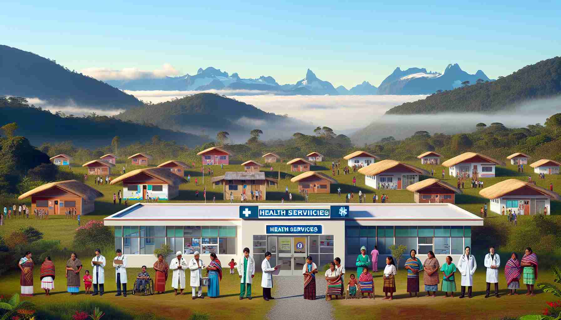Generate an image illustrating the concept of expanding health services for Indigenous communities. It should be a high-resolution, realistic picture. An example could include a well-equipped hospital under a clear sky located in a rural area amid the pristine nature. The facility might have a sign reading 'Health Services' in different Indigenous languages, and Indigenous healthcare professionals of diverse genders and descents - Middle-Eastern male doctor, Hispanic female nurse, Black male paramedic, South Asian female dietician, could be shown providing medical services to community members of different ages and genders.