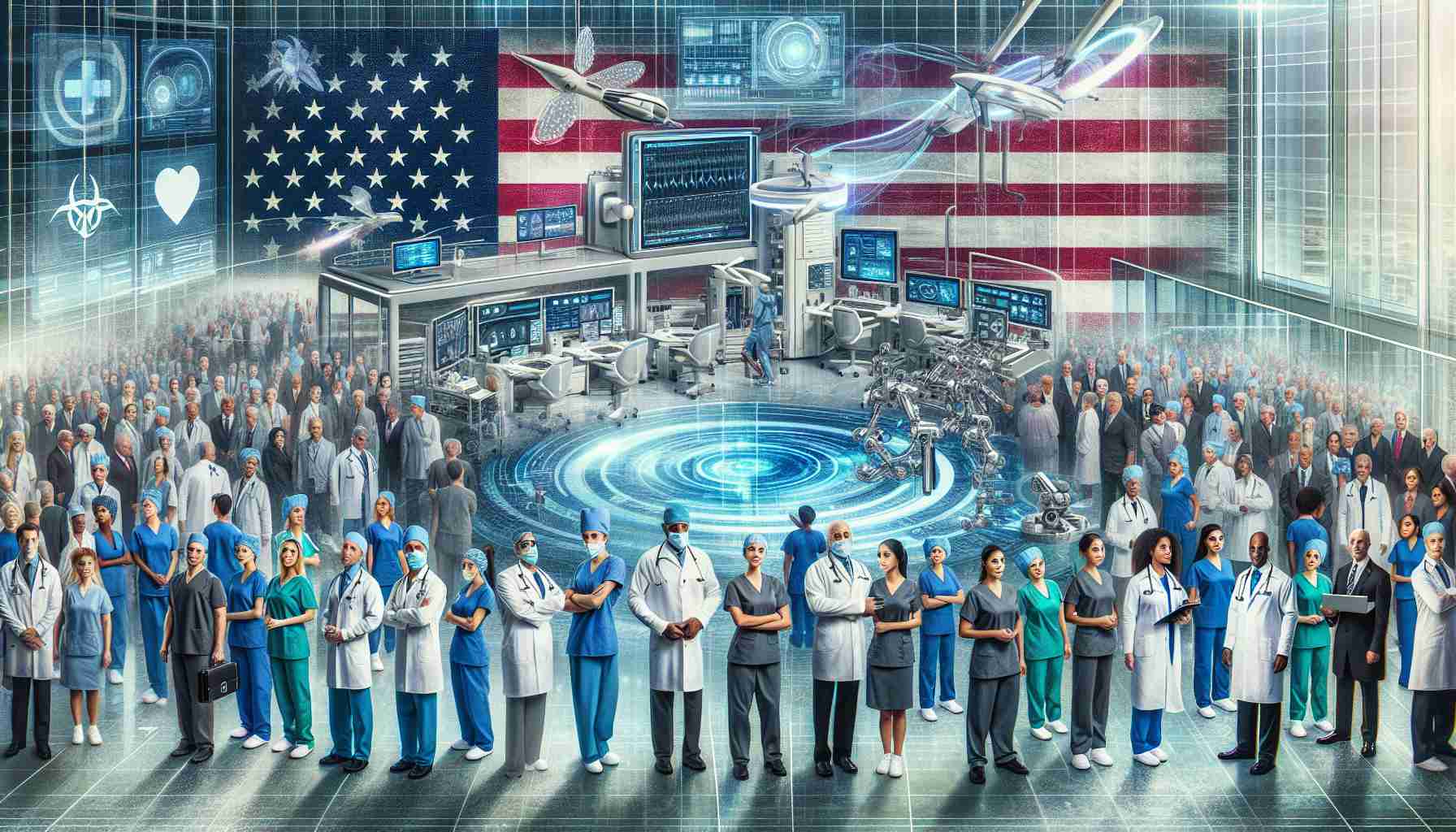 An artistically interpreted, realistic, and high-definition illustration of the future of healthcare reform in the United States. Depict a cutting-edge medical facility brimming with diverse group of healthcare professionals, including Caucasian and Hispanic male doctors, Black and Middle-Eastern female nurses, and South Asian and White medical researchers, all collaboratively working with advanced medical technology. Reinforce the impression of reform with visual elements symbolizing change and progress, such as a futuristic interface monitoring patient health, robotic surgical tools, and digital record-keeping systems. An American flag symbolizes the country in question.