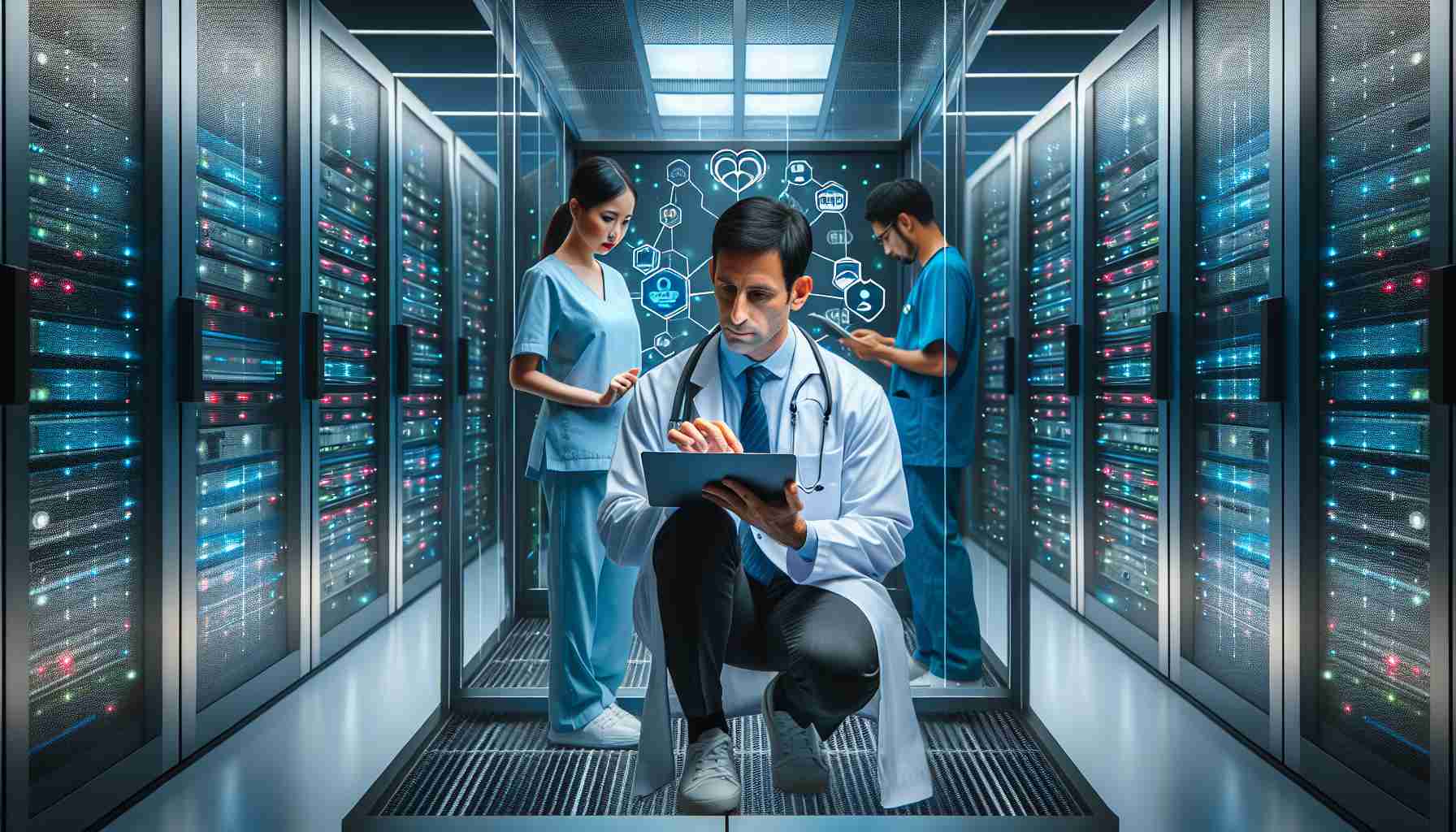 Create an image that symbolizes the healthcare industry embracing innovative cybersecurity measures. The scene could include a Caucasian male doctor using an encrypted computer system in a modern hospital setup. Alongside him, an Asian female nurse safeguards patient data records on a secure tablet device. The backdrop can feature a hyper-secure server room symbolizing the secure storage and access of patient medical records. The room is filled with rows of high-capacity servers behind reinforced glass walls, with multicoloured LED lights symbolizing different levels of data protection. The image should appear high-definition, realistic, and futuristic.