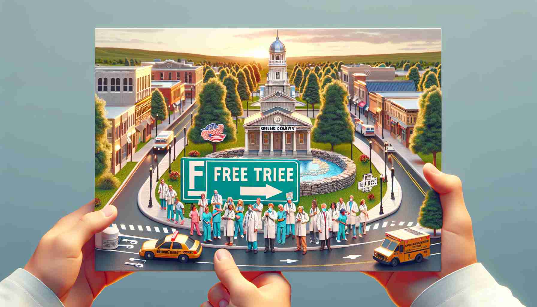 Create a lifelike and high-definition image that visualizes the concept of offering free healthcare services today in the setting of Greene County. The image should be enriched with details typical for this county. For example, it can include recognizable landmarks, local symbols, or elements reflecting the culture and demographics of the county. It could also incorporate depictions of medical practitioners of varying descents and genders providing these services, to communicate the inclusivity and reach of these free healthcare opportunities. It might feature banners or signages indicating the free healthcare offer on the current day.