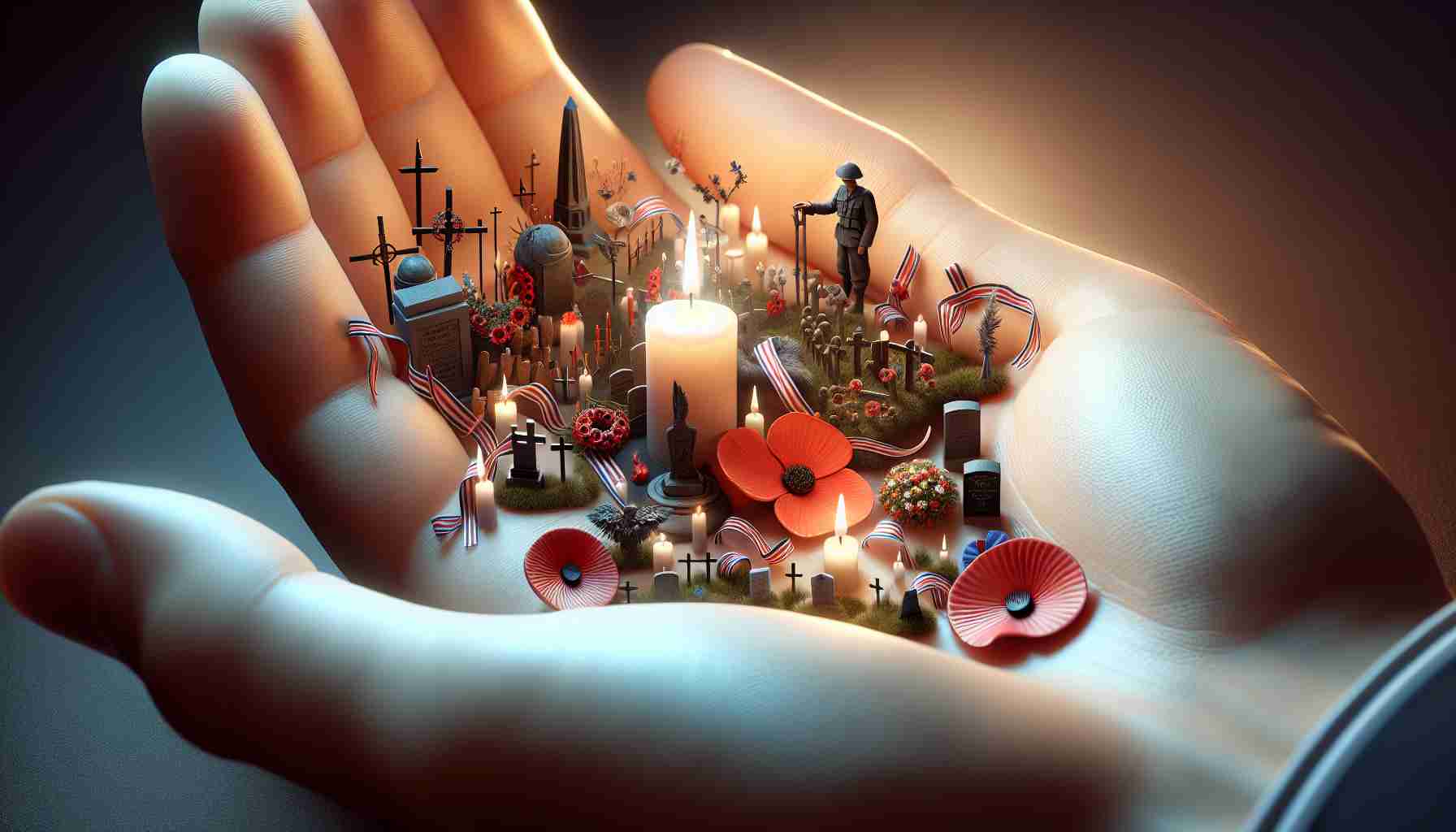 Realistic high definition depiction of a metaphorical concept of 'Memorial Tributes at Your Fingertips'. Visualize a human hand, slightly cupped, with depictions of various memorial tribute symbols - such as lit candles, small stone monuments, ribbons, and symbolic flowers like poppies - resting on the fingertips. These items should appear miniature and well-detailed, conveying a sense of respect and remembrance. The background should be softly illuminated, giving the scene a calm, solemn, and respectful ambiance.