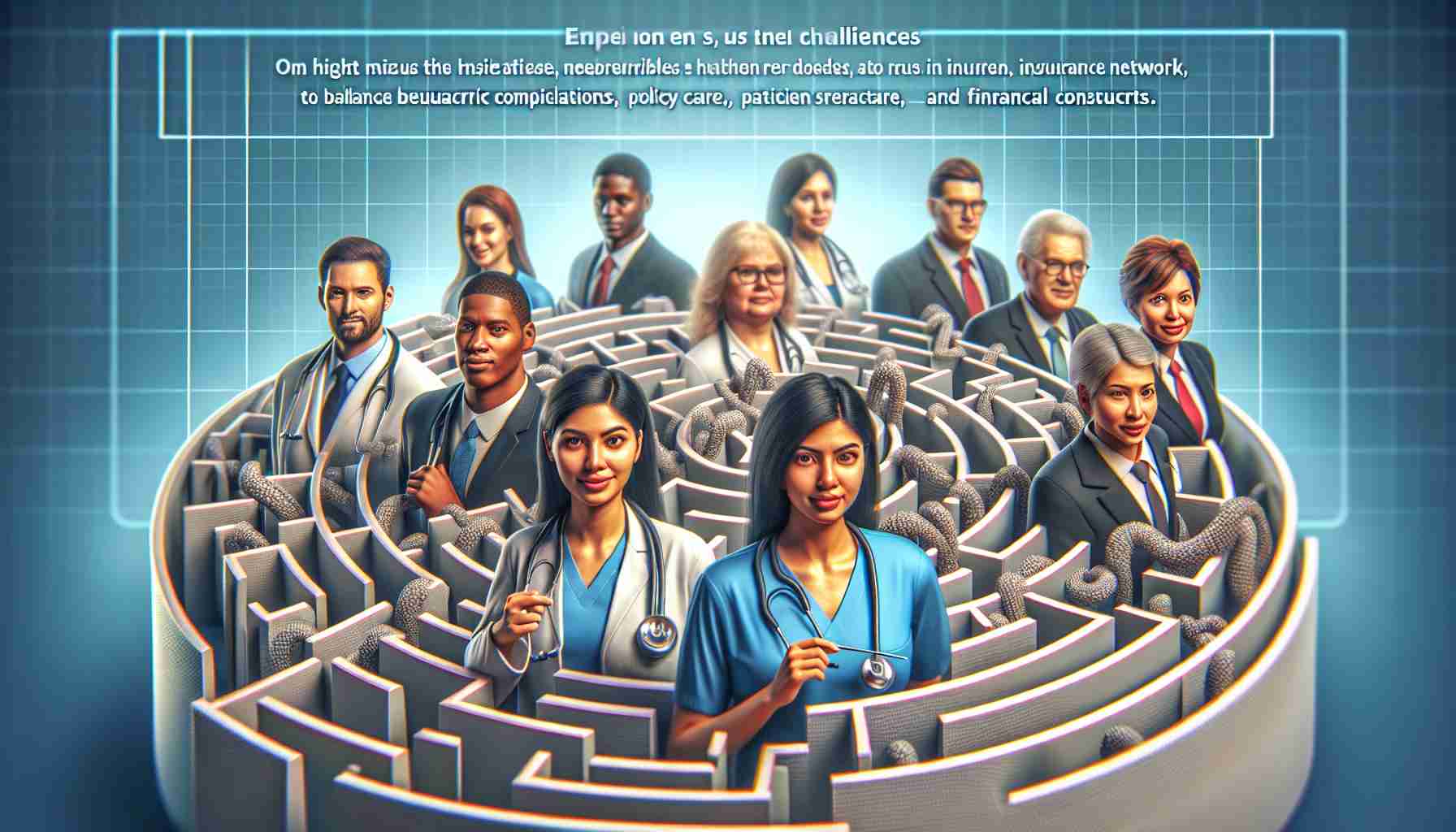 An emphasis on a high-definition, realistic representation of a metaphorical image depicting the challenges faced by healthcare providers within insurance networks. We might envision a diverse group of healthcare workers of various descents such as Hispanic, Caucasian, Black, South Asian, and Middle Eastern, both man and woman. They are navigating a 3D maze representative of an insurance network, visibly displaying their tireless efforts to balance bureaucratic complications, policy restrictions, patient care, and financial constraints.