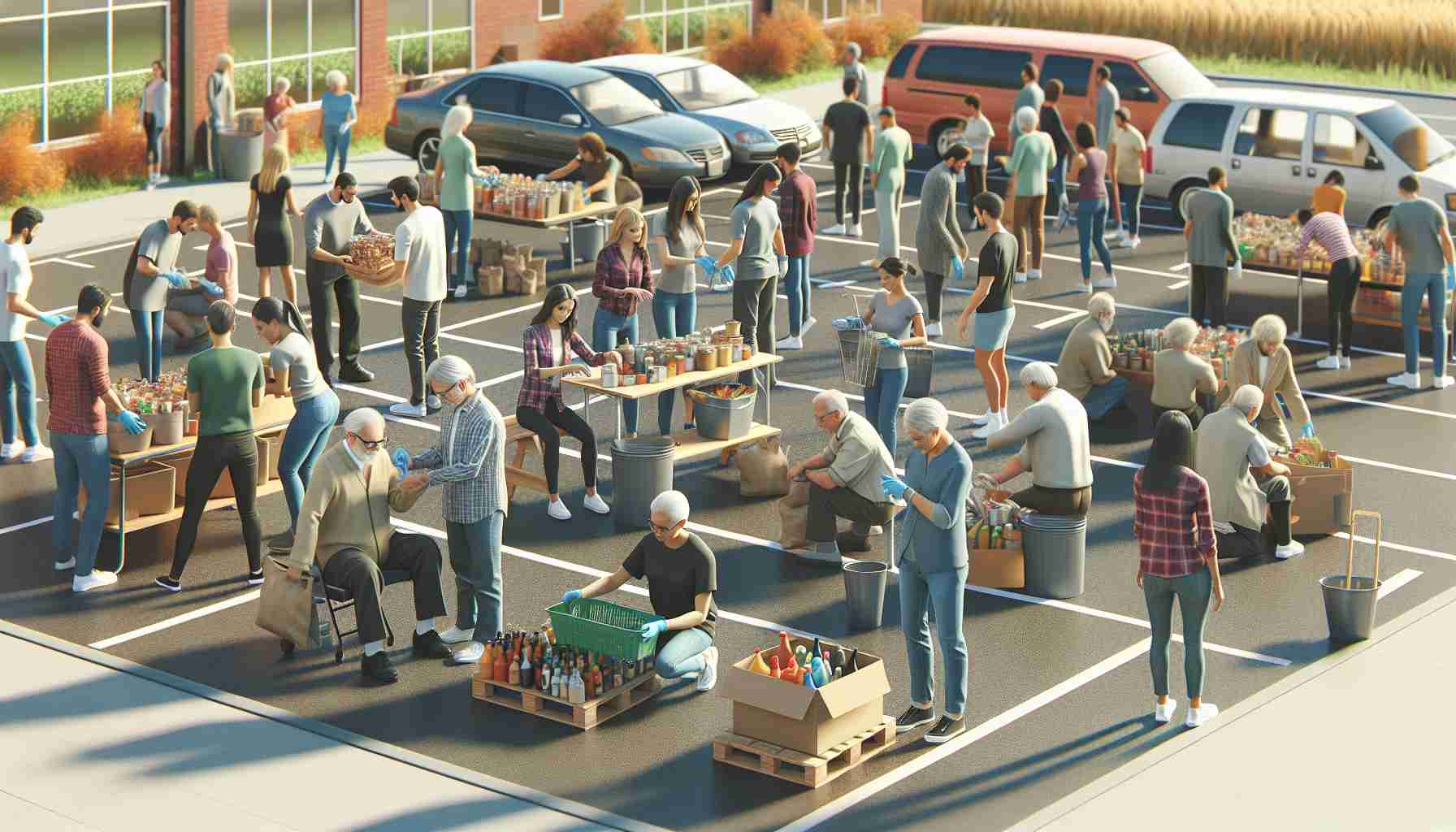 Generate a high-definition, realistic image of a community service initiative titled 'A Day of Giving Back.' The scene should show a diverse group of people participating in various charitable activities. Some individuals are organizing food at a local food bank, others are cleaning a community park, while a few others are visiting a senior center, all under the branding of 'OneShare Health'. The emphasis should be on the camaraderie, helping hands, and the spirit of giving back to the community.