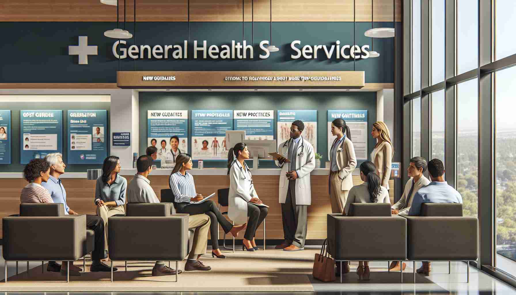 Generate an image showcasing a realistic high-definition scene inside a general health services center located in a city. The scene should depict staff members, both men and women of diverse descents such as Hispanic, Black, Middle-Eastern, and Caucasian, in consultation with patients, discussing new guidelines. The environment should feel welcoming and comforting, with an emphasis on showing that the facility's goal is to provide top healthcare services. Please include an array of informational pamphlets, posters about new procedures and guidelines on the walls, and a waiting area with comfortable seats.