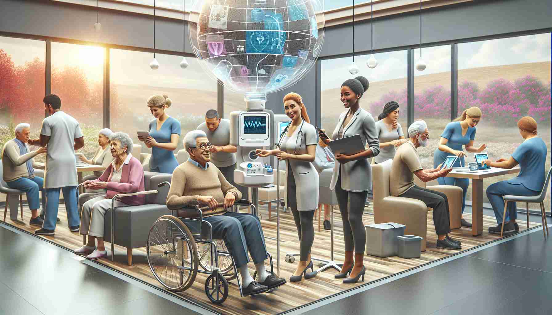 A high-definition, realistic illustration of a scene revolutionizing healthcare access for seniors. It features seniors of various descents such as Caucasian, Hispanic, Black, Middle-Eastern, and South Asian actively using modern technology, under the guidance of a diverse team of healthcare professionals. Consider men and women interchangeably taking the patient and professional roles. The surroundings are a blend of a homely environment and a modern healthcare facility equipped with state-of-the-art medical devices, symbolizing a new age in elder care.