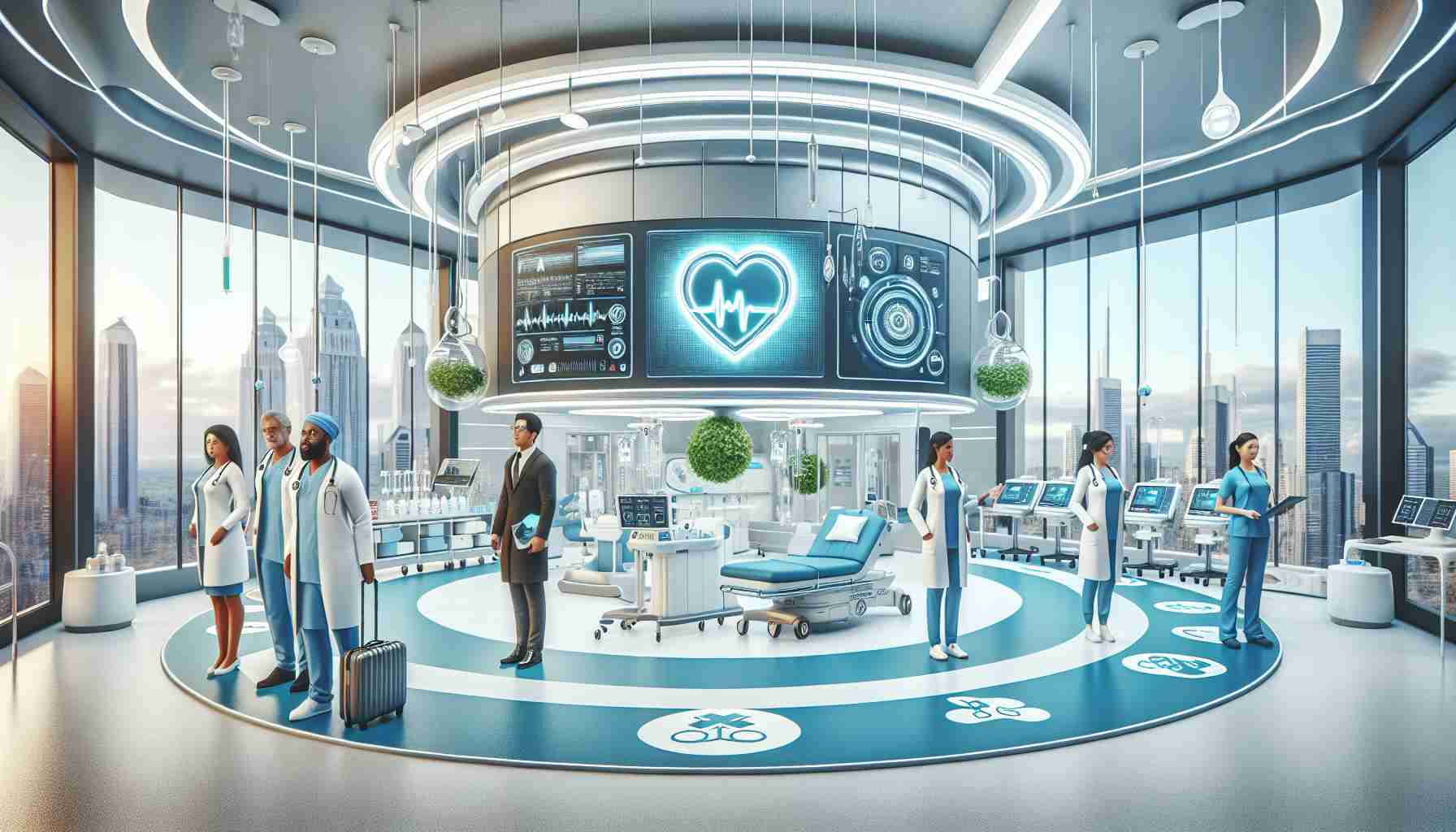 Create a realistic high-definition image of a futuristic scene showcasing the concept of integrated care facilities. The setting must emphasize the seamless integration of various healthcare services. It might feature state-of-the-art equipment, advanced technology, and diverse healthcare professionals, such as a male middle-eastern doctor, a female black nurse, a caucasian male therapist, and a south Asian female pharmacist, coordinating for patient-centered care. The environment should suggest cleanliness, efficiency, and innovation.