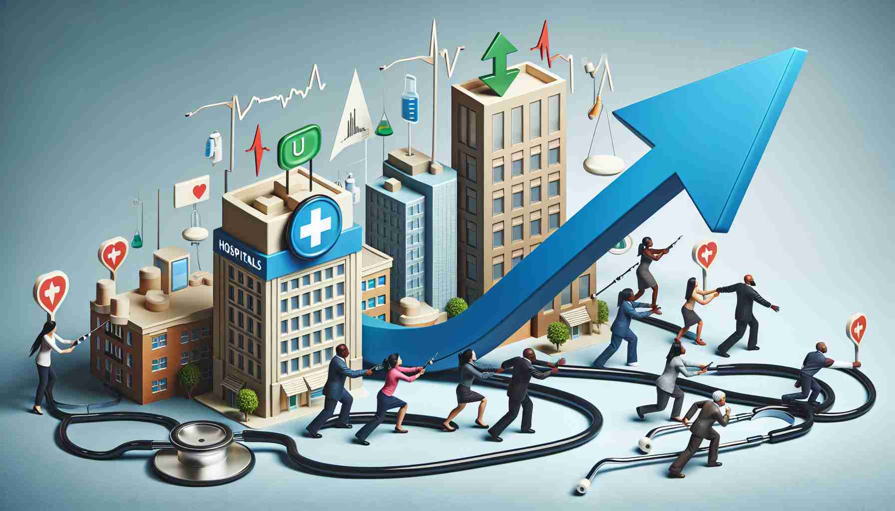 Realistic, high-definition image of a symbolic representation of a government being encouraged to concentrate efforts on enhancing public health services. Picture can include symbols like stethoscope, buildings symbolizing hospitals and community clinics, a large arrow pointing towards these structures, and a group of diverse people (Caucasian female, Black male, South Asian-featured child) trying to push the arrow.