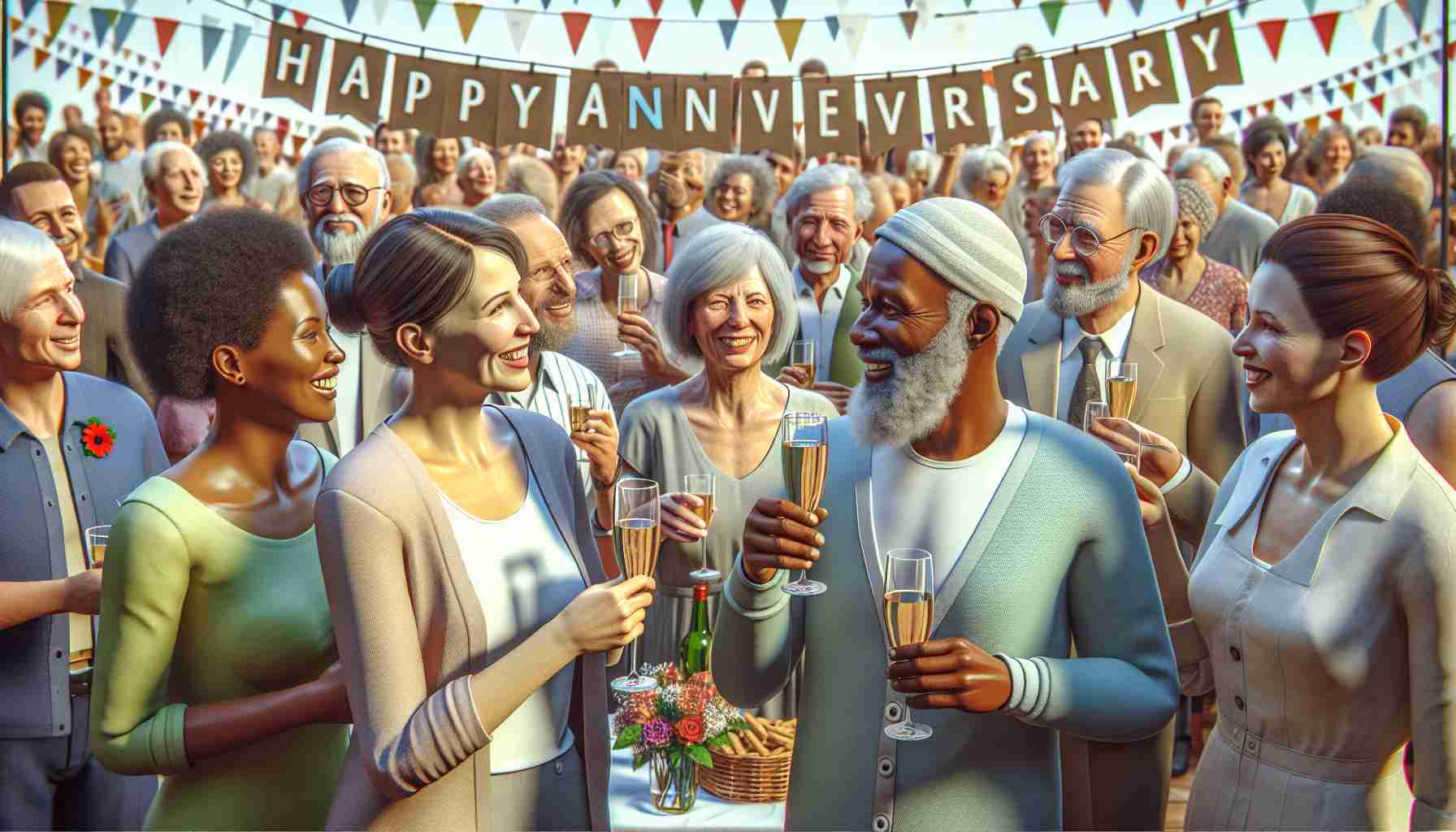 Render a realistic, high-definition image of a milestone anniversary celebration. This image should feature a diverse community group composed of different ethnic backgrounds. There should be an African man and a Hispanic woman sharing a toast, in the foreground. The background should be filled with an array of other people representing various descents including Caucasian, Middle-Eastern, and South Asian. They're cheerfully engaged in conversation and celebration, with signs marking the special occasion. A large, tastefully decorated banner stating 'Happy Anniversary' should be hanging at the focal point of the event.