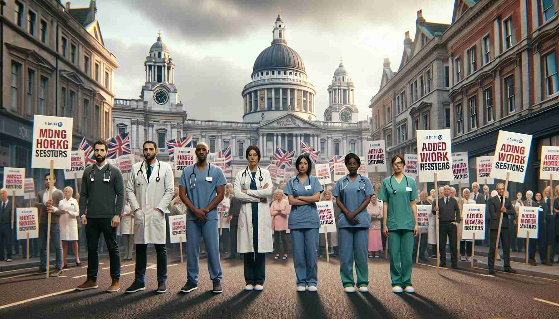 High-resolution, realistic image capturing a scene of healthcare professionals in England demonstrating against a new funding model with added work restrictions. This scene shows four distinct individuals -- a Caucasian male doctor, a South Asian female nurse, a Black female surgeon, and a Middle-Eastern male general practitioner -- all holding banners expressing their discontent towards the new conditions. The setting is a busy city street in England, with the timeless architecture of English buildings in the background.