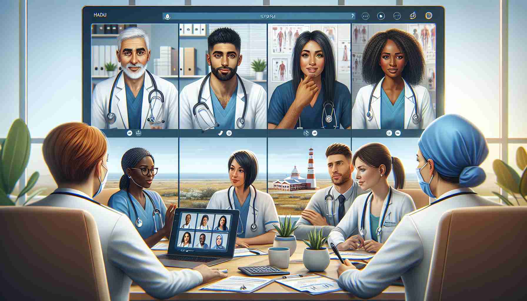 Illustrate a high-definition, realistic image of a diverse group of healthcare professionals having a discussion about addressing staff retention challenges in remote healthcare settings. The setting is a video conference call; the Caucasian male doctor, Hispanic female nurse, Black male paramedic, Middle-Eastern female radiologist, South Asian male pharmacist, and a White female administrator are brainstorming solutions. The screen should split into separate panels for each person, with the background revealing a glimpse of their remote work locations.