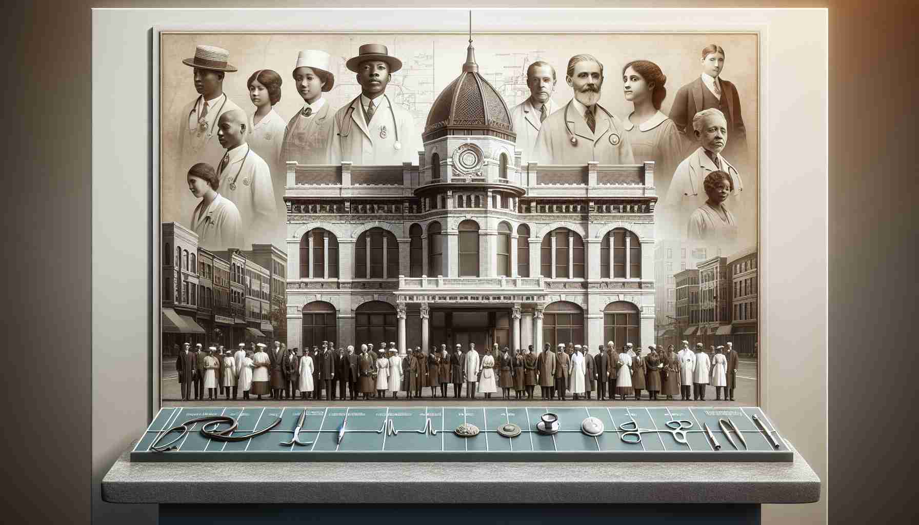 A high-definition, realistic image showcasing the historical legacy of Black Hospitals in America. The image could be a visual collage of symbolic elements: a building with early 20th-century architecture representing a historic Black hospital, historical medical tools, and a diverse group of doctors and nurses of both genders. The history should be represented by a timeline fading from the past to the present day. The image should also include a plaque acknowledging their essential contribution to public health and their role in confronting racial disparities in healthcare.