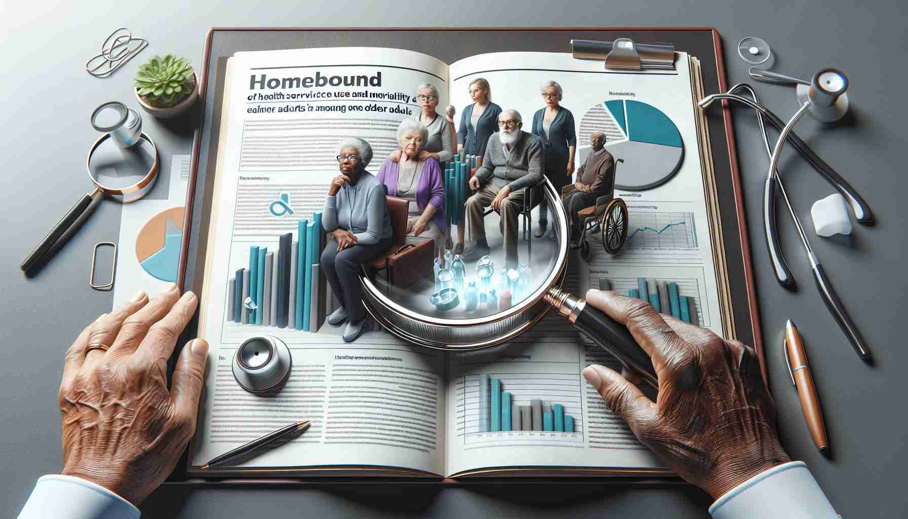 Realistic HD image depicting the concept of a study revealing the impact of homebound status on health service use and mortality among older adults. The image could include various elements like a large, eye-catching headline, bar graphs or pie charts illustrating statistics, an open journal showing research data, all laid out on a desk with a magnifying glass highlighting the key findings. The elderly should be represented in a dignified manner, a Black woman and a Caucasian man who are older adults might be shown examining this study, suggesting their involvement and concern in this matter.