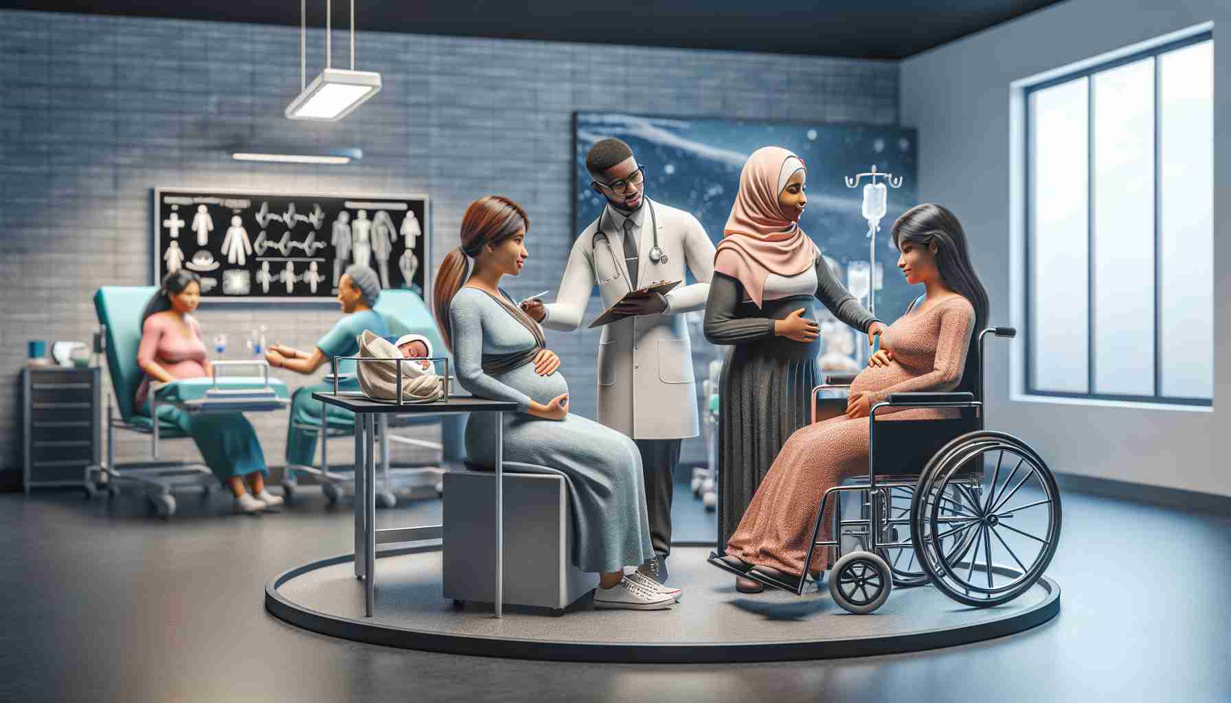 A realistic, high-definition image depicting a scene designed to illustrate overcoming challenges in maternal healthcare for women with disabilities. Consider showing an inclusive environment, such as a fully accessible clinic or hospital, with state-of-the-art equipment and accessibility for patients with physical disabilities. Imagine a Black female doctor providing attentive care to a Middle-Eastern pregnant woman with a disability. Maybe there's a sign language interpreter helping a Hispanic pregnant woman communicate with a South Asian nurse. This scene should suggest positive steps being taken towards improvement of maternal healthcare for all women.