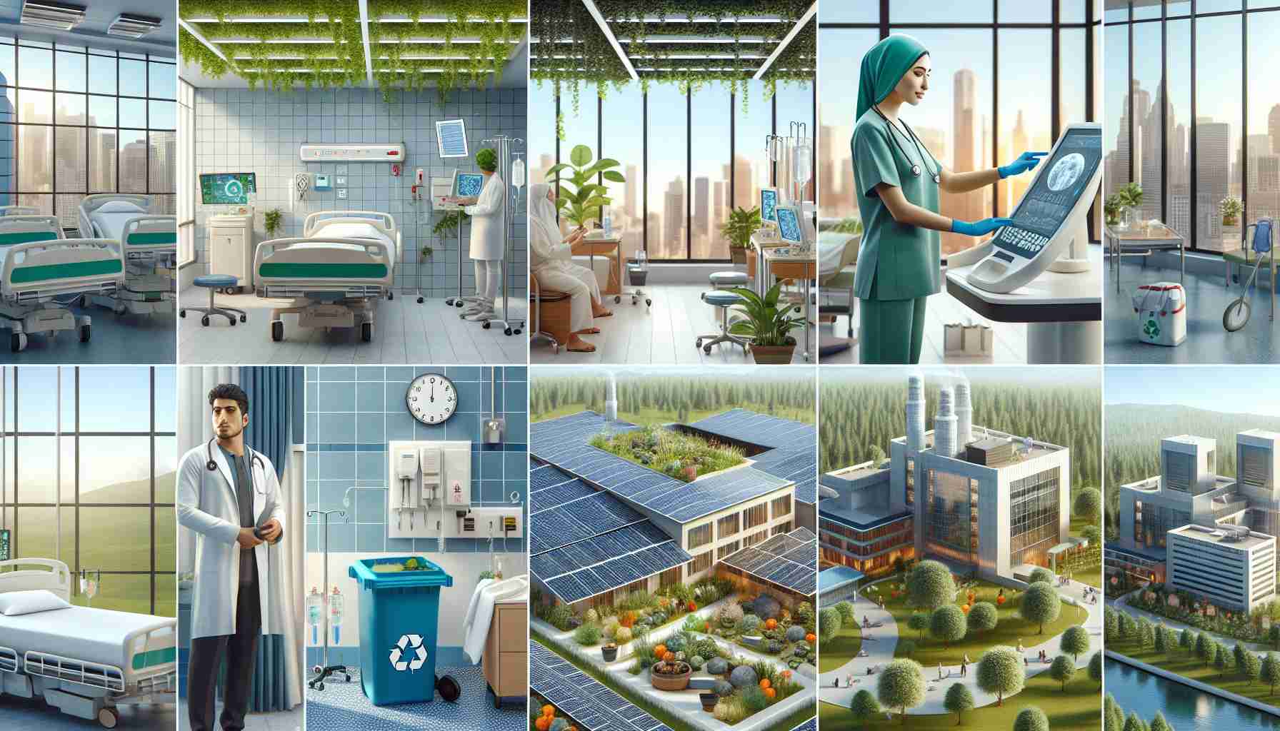 High-definition, realistic depiction of the conceptual scenario of The Green Revolution taking place in the healthcare sector. Include various eco-friendly, sustainable practices such as: a female Middle-Eastern doctor utilizing solar energy powered medical equipment; an Asian male nurse recycling medical waste appropriately; a Caucasian female patient in a hospital room with large windows to utilize natural light, accompanied by indoor potted plants for improving air quality; finally, the exterior of the hospital showing a rainwater harvesting system, and a lush, green roof. Note: These elements should be organized seamlessly to keep the image coherent.