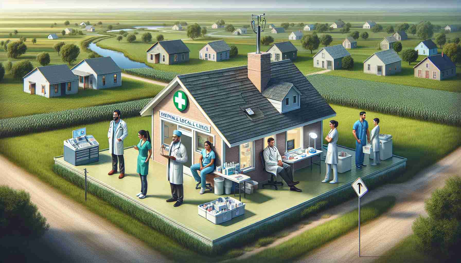 Create a realistic, high-definition image depicting the revival of healthcare access in rural communities. Showcase a refurbished local clinic with upgraded medical equipment. The clinic can be a single-story, light-brick building with a welcoming porch. Display a diverse group of healthcare professionals - a Middle-Eastern male doctor, a Hispanic female nurse, and a South Asian female pharmacist - all collaborating and providing care to patients. Around the clinic, depict a green, open landscape with scattered houses, symbolizing the rural environment.