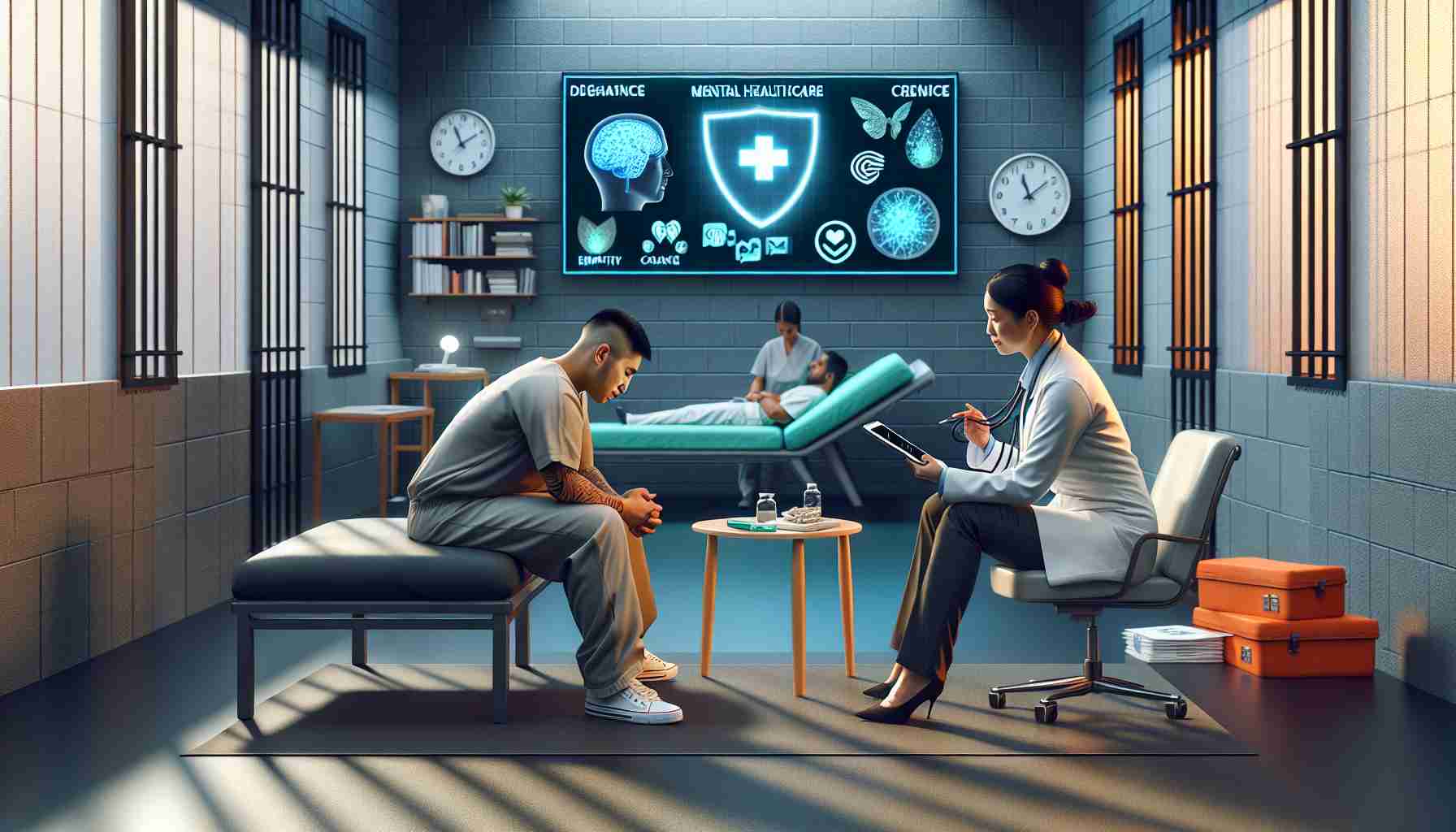 A high-definition, realistic illustration displaying the improvement of mental healthcare within correctional facilities. An environment showing empathy, care, and medical assistance for individuals dealing with mental health issues. A South Asian female psychologist is seen providing therapy to a Hispanic male inmate, enclosed within a private, comfortable setting. Contemporary healthcare tools, such as digital tablets and user-friendly software, are used for diagnostics and treatment solutions. There's a noticeable sense of respect and understanding between the individuals, portraying an evolved and compassionate correctional system.