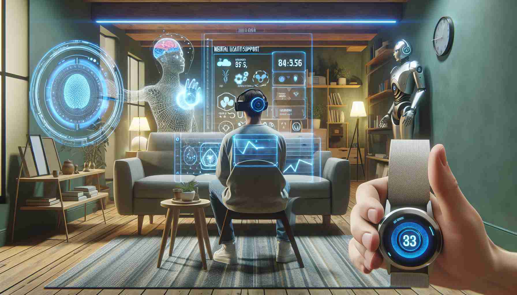 A high-definition image displaying the influence of technology on mental health support. The image showcases an individual using a virtual reality headset in a calm, serene room, the screen displaying an interactive therapeutic experience. Nearby, there's a futuristic holographic interface displaying various mental health statistics and progress charts. A robotic assistant in the corner offers comforting words, while a smartwatch reads bio data like heartbeat and stress levels. The room also includes traditional elements of a therapist's office, like a comfortable chair and calming decor, representing a blend of the modern and traditional approaches towards mental health.