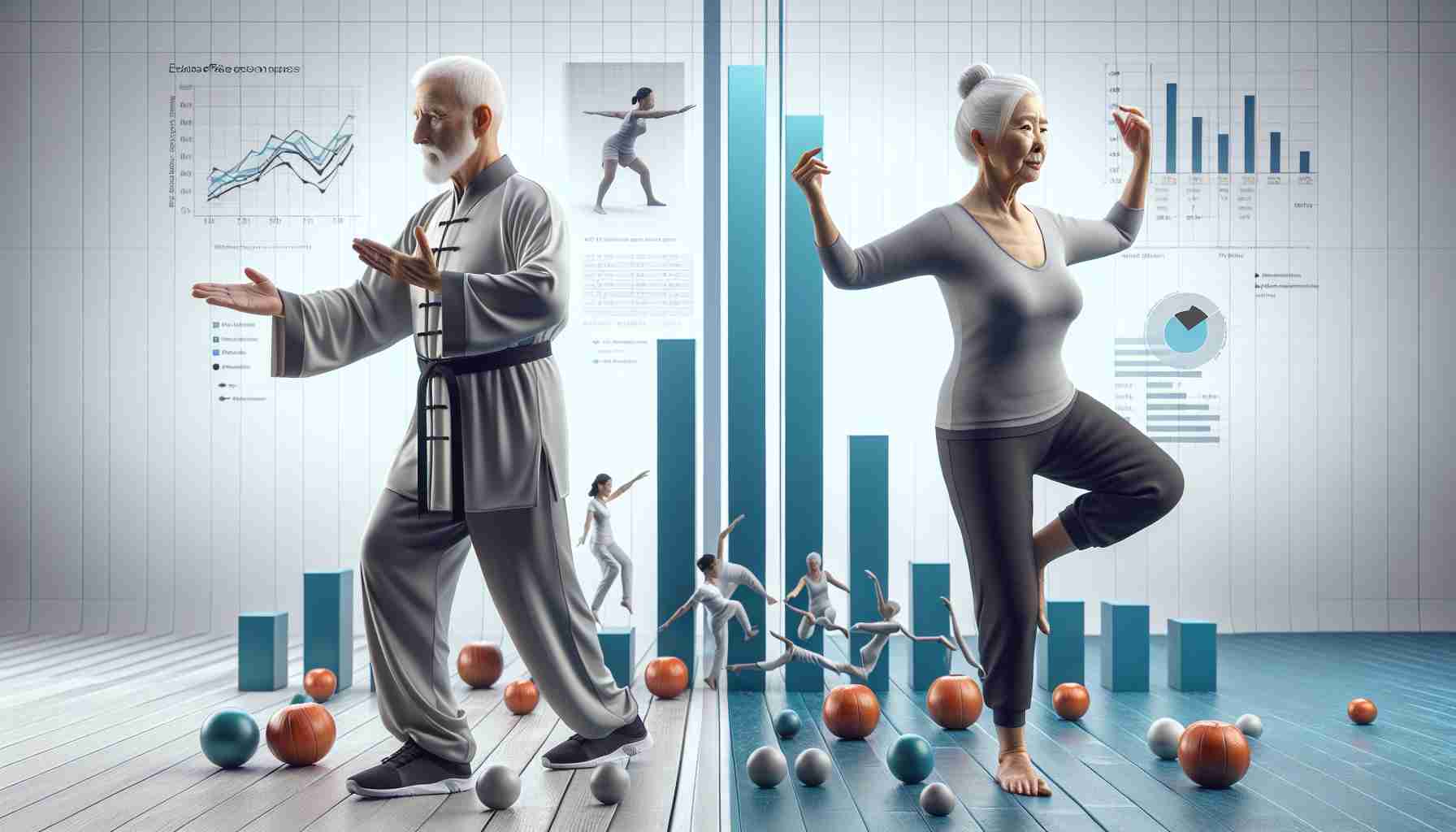 A high-resolution, photo-realistic illustration showcasing the comparison of exercise effects on fall prevention. One half of the image can depict an elderly Caucasian man practicing Tai Chi, wearing proper training attire, standing strong and balanced. The other half can depict an elderly South Asian woman doing yoga, in a suitable yoga outfit and also maintaining balance. Their strong postures should indicate the contribution of these exercises to their stability and therefore falls prevention. Include charts or graphs in the background that visually represent data on the effectiveness of these exercises in reducing falls among the elderly.