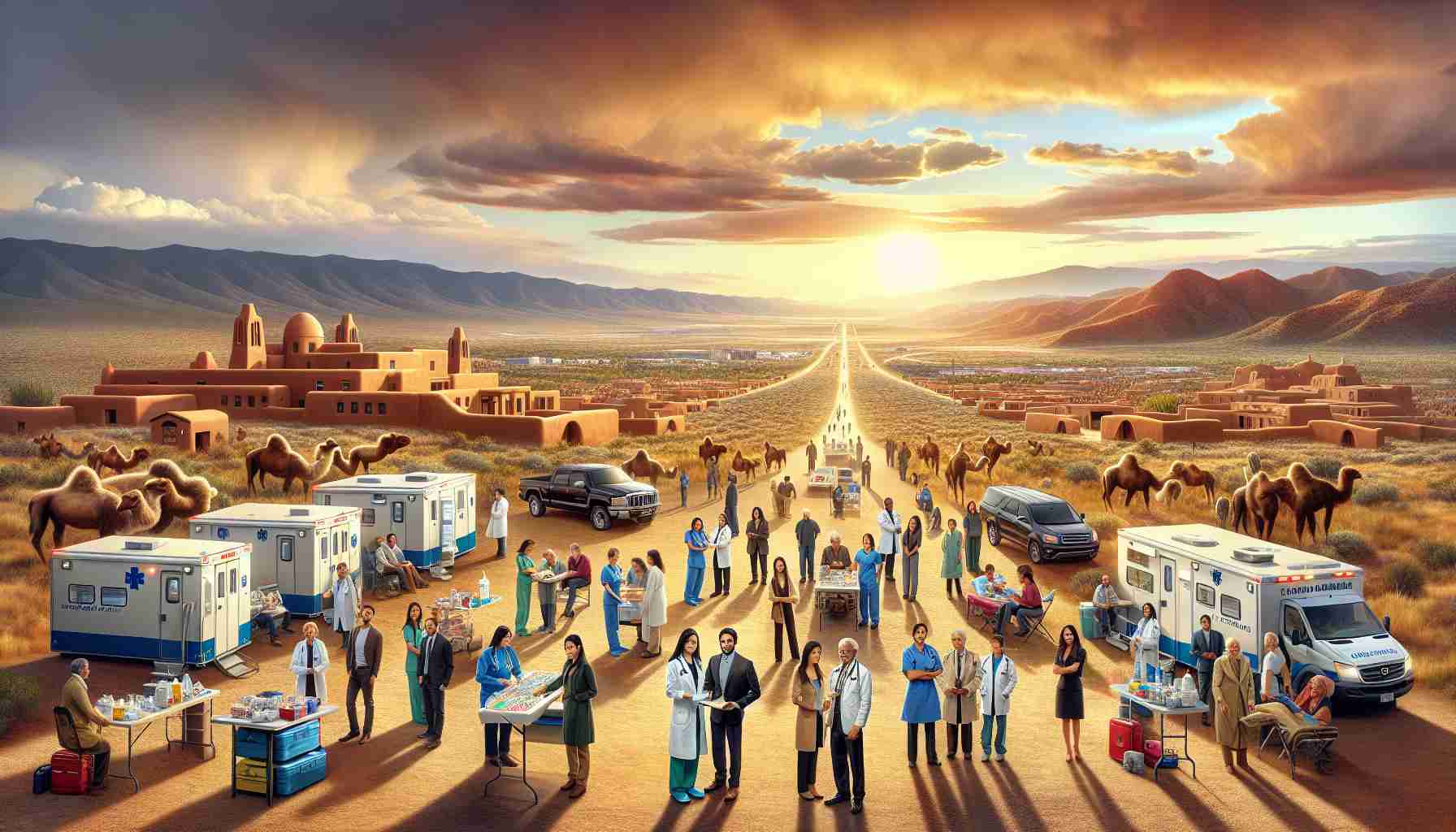 A realistic high-definition image depicting the collective effort in rural New Mexico to enhance healthcare. Picture a group of diverse people, including Caucasian, Hispanic, Black, Middle-Eastern and South Asian individuals, both men and women, working together to improve health facilities. This image could feature portable clinics, medical personnel aiding locals, healthcare awareness campaigns, and the deployment of medical supplies. The panoramic backdrop should ideally encompass New Mexico's distinctive rural landscapes, with elements like adobe houses, desolate highways, and distant mountains, bathed in the warm colors of a southwestern sunset.