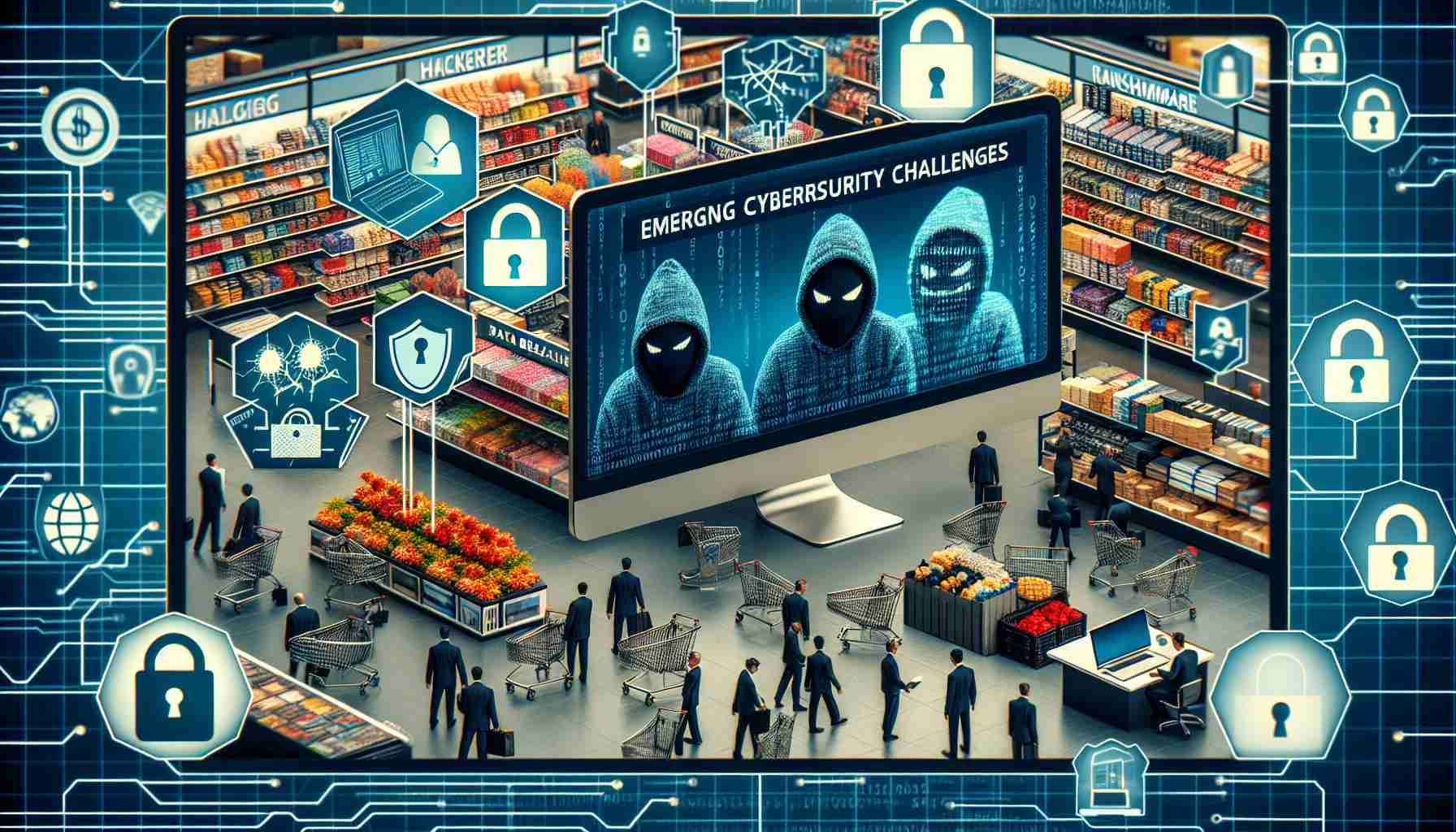 Generate a realistic high-definition image that illustrates various emerging cybersecurity challenges within the retail industry. The image should depict scenes of retail operations along with symbols of potential threats such as hackers, malware, phishing scams, data breaches and ransomware, with a text overlay denoting 'Emerging Cybersecurity Challenges'. However, make sure to keep the depiction of hackers generic, avoiding any specific racial or gender bias. Also, you may include computer screens with lines of code, locked padlocks, and firewall icons to symbolically represent the digital aspect of these challenges.