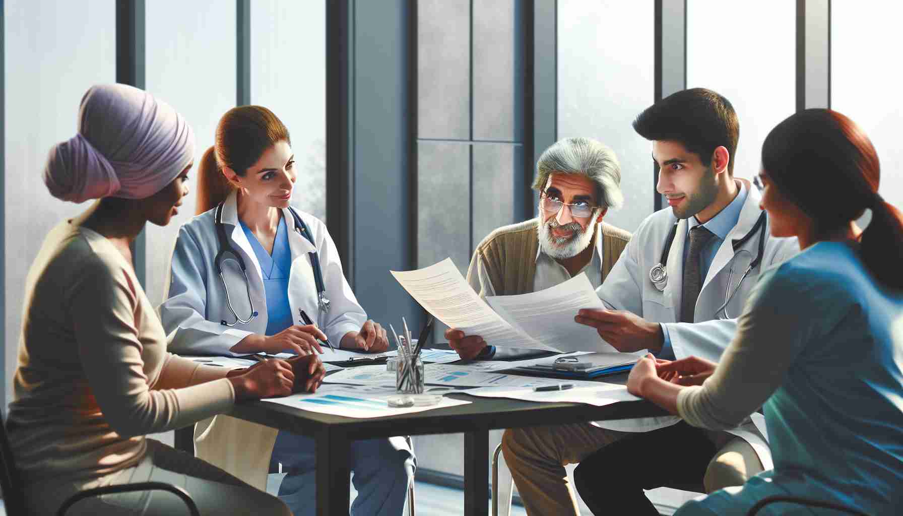 An HD visual representation of a scene where the topic 'Addressing Healthcare Access and Financial Protections for Individuals' is being discussed. Imagine a diverse group of individuals, including a middle-aged Hispanic female doctor in a white coat with a stethoscope, a South Asian male healthcare worker with a medical file, a Middle Eastern elderly woman as a patient, and a Black male insurance provider handling documents. They are gathered around a table with papers spread out, arguably about healthcare policies, depicting the synergy towards the betterment of healthcare access and protection.