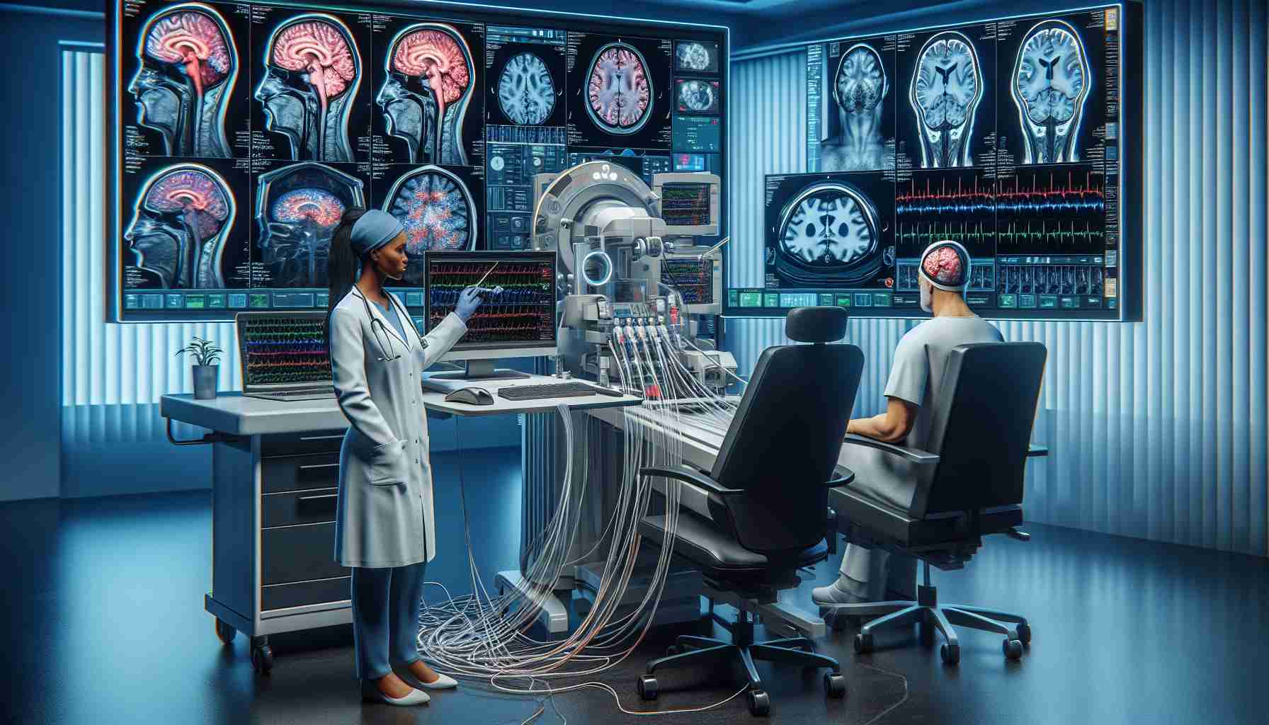 A high-definition, realistic image showcasing the concept of revolutionizing stroke care with the help of technology. Depict a hospital room where a Black female neurologist is using an advanced computer system to monitor the brain activity of a Caucasian male patient, who is hooked up to a cutting-edge neuroimaging device. Include imagery such as the brain scans on the screen, the complex device with numerous wires, and various medical monitors. Convey the sense of a highly professional and technologically advanced medical environment.