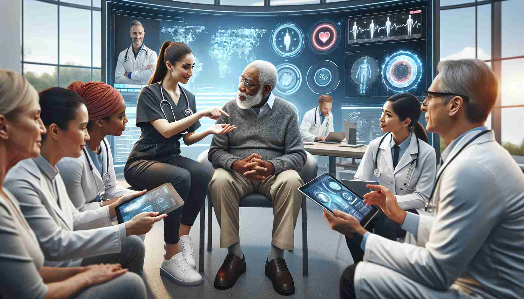 A high-definition, realistic image showcasing a scenario of revolutionizing member engagement in healthcare. Depict a diverse assortment of individuals. A Black female healthcare worker is educating a Caucasian elderly man using a digital tablet - they are discussing charts and graphs showcasing his health progress. A South Asian male doctor is in a virtual conference with a Middle-Eastern female patient, discussing her health concerns. High-tech medical equipment and innovative healthcare tools are visible in the surroundings, symbolizing the integration of technology in improving member engagement.