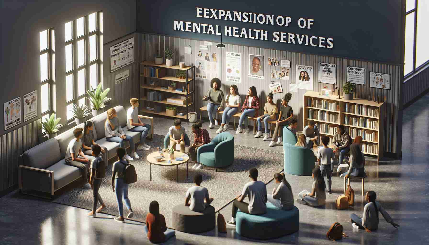 A highly detailed and realistic image of a school environment showing the expansion of mental health services. There should be a well-equipped therapy room with a calming atmosphere. Include a comfortably furnished conversation area, plenty of self-help resources, and educational posters about mental health on the walls. Outside the room, students of diverse racial backgrounds - Caucasian, Hispanic, Black, Middle-Eastern, and South Asian - and varying genders are seen engaged in supportive interactions, illustrating the brighter future these services promise. The image upholds school's commitment to student wellbeing.