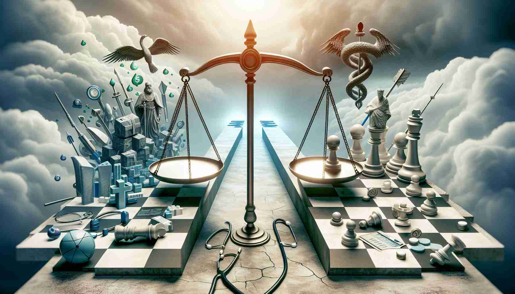 An illustrative and highly-detailed composition depicting a symbolic representation of a dramatic turn in a dispute between two entities that are giants in the healthcare technology industry. The scene may include symbolic props such as a teetering balance scale, a chessboard nearing checkmate, or diverging paths to represent the dispute and its turn. This needs to be a high-resolution image that gives the sense of a realistic factual report.