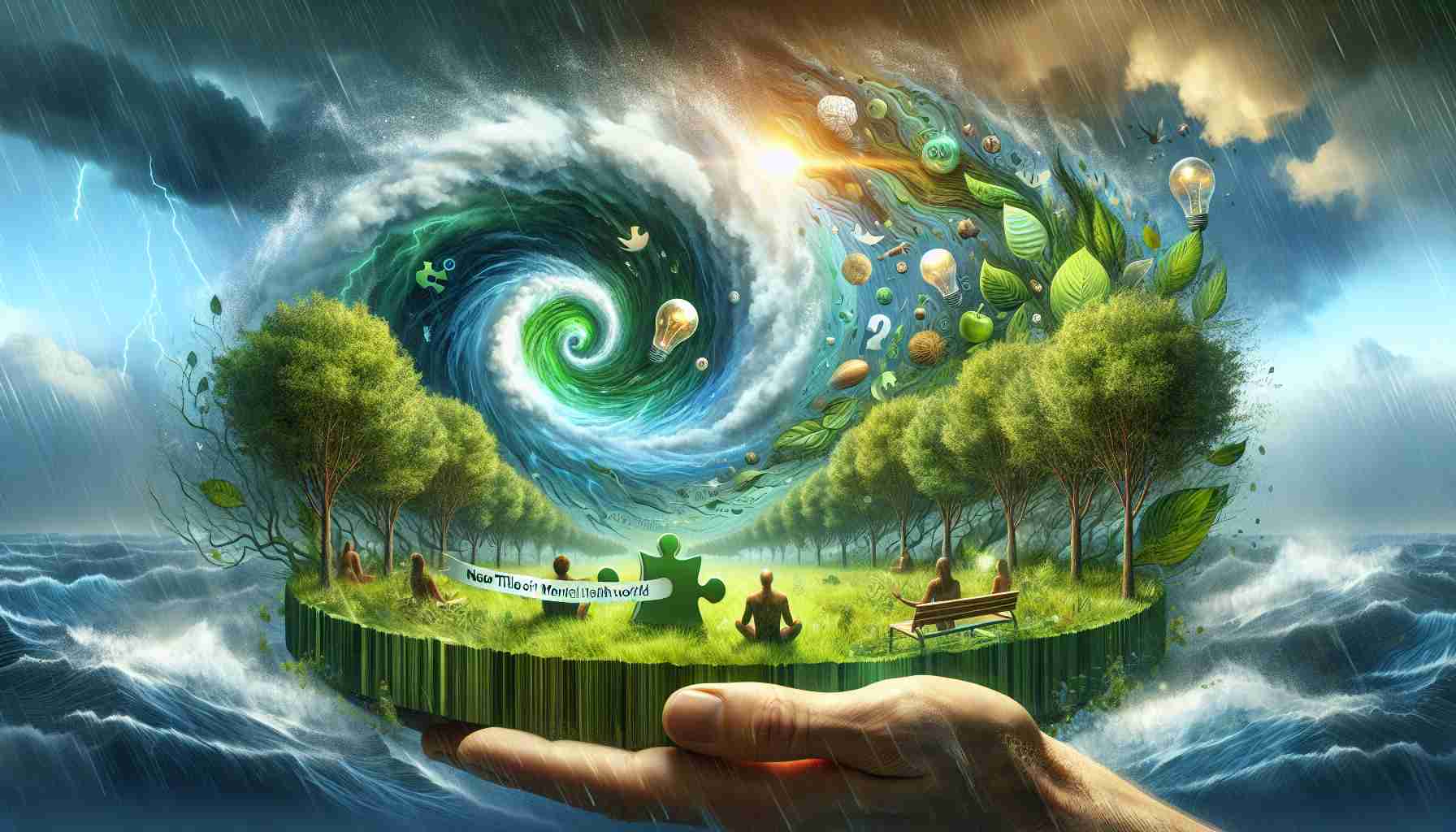 A detailed and high definition illustrative representation of a concept where Nature Therapy is revolutionizing the Mental Health World. Imagery may consist of a vibrant green forest, symbolizing the natural tranquility and serenity inherent to nature therapy, and an intense, whirling storm, representing the major impact it's making on mental health. The storm could be filled with symbols of mental health, such as puzzle pieces or light bulbs, and perhaps human figures from diverse descents and genders enjoying the calm greenery amidst the storm. The title 'New Title: How Nature Therapy Is Taking the Mental Health World by Storm' can be displayed prominently on the image.