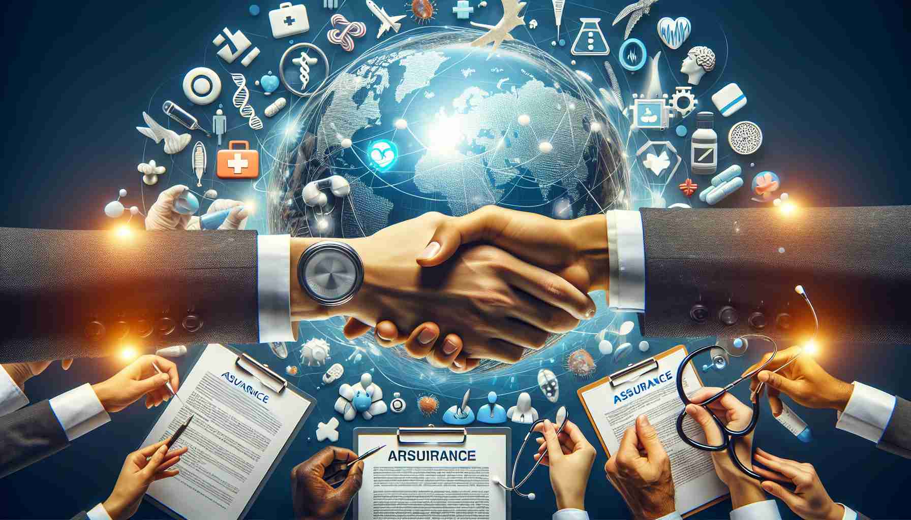 A high-definition, realistic image that represents the concept of revolutionizing health care through a universal approach to insurance. The scene could include various elements such as a assurance document, medical symbols like a stethoscope or first-aid kit, and diverse multi-racial hands shaking - symbolizing a deal or an agreement - with a backdrop of a globe to indicate inclusivity and worldwide coverage. Preferable for the color scheme to be soothing and professional, hinting at reliability and trust.