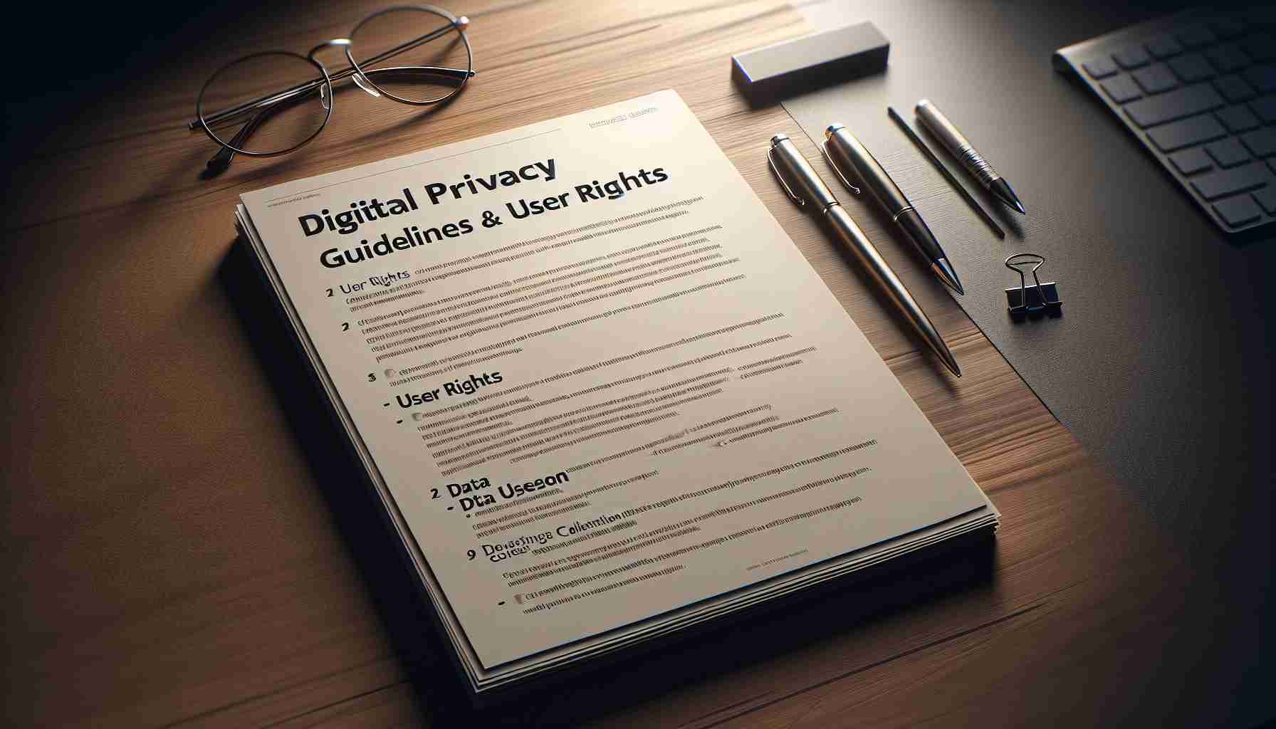 An image of a document titled 'Digital Privacy Guidelines and User Rights', created in a realistic high-definition style. The document is open, showcasing text related to the protection of personal information in the digital world. It includes distinct sections such as 'User Rights', 'Data Collection', 'Data Usage', and 'User Consent'. The background could be a sleek, modern desk possibly made of oak. A pair of glasses and a sleek silver pen could be placed next to the document, providing a sense of professionalism and seriousness. The lighting is soft, illuminating the document and the desk evenly.