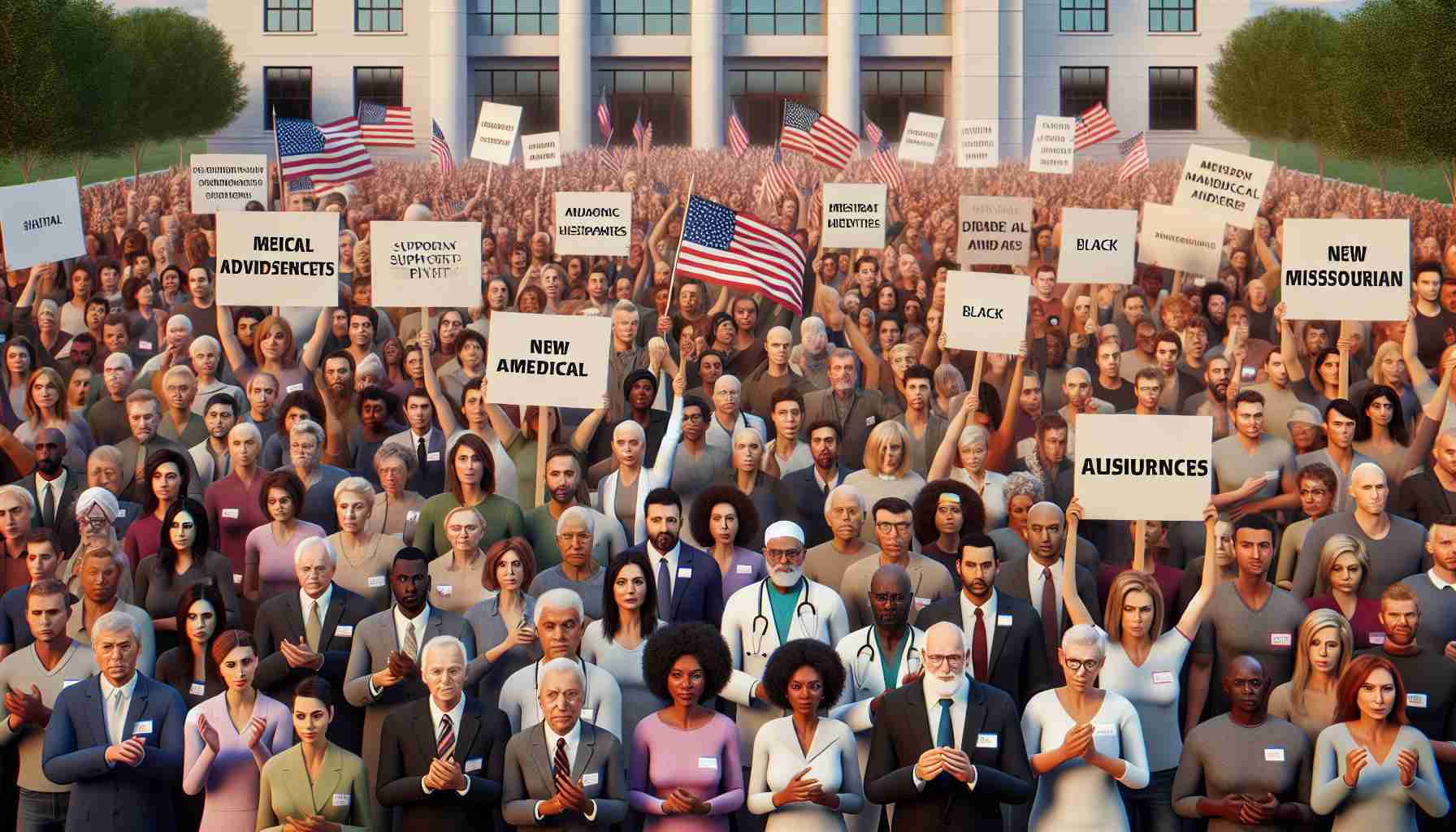 A high-definition realistic image representing the division of Missourians over new medical advancements and legislation. Imagine a scene where several individuals of various descents including Caucasian, Hispanic, Black, Middle-Eastern, and South Asian, are in a public gathering. Some people are holding signs supporting the new medical advancements, while others are expressing their disagreement. Ensure that a sense of tension and division is created without inciting or depicting any form of violence or harm.