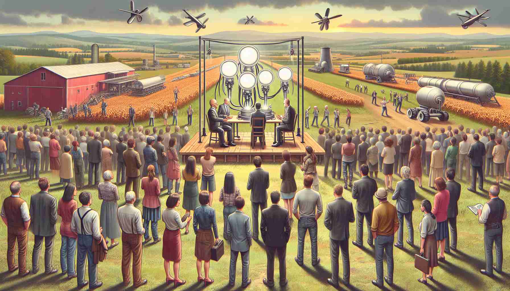 Create a high-definition, realistic image showcasing the unveiling of novel scientific and technological innovations in a county fair-like setting. The event is taking place in a rural landscape characterized by broad fields and farmland, reminiscent of Waukesha County. Everyone present, including the observers and the people presenting the innovations, is excited and eagerly discussing the new gadgets and technologies on display.