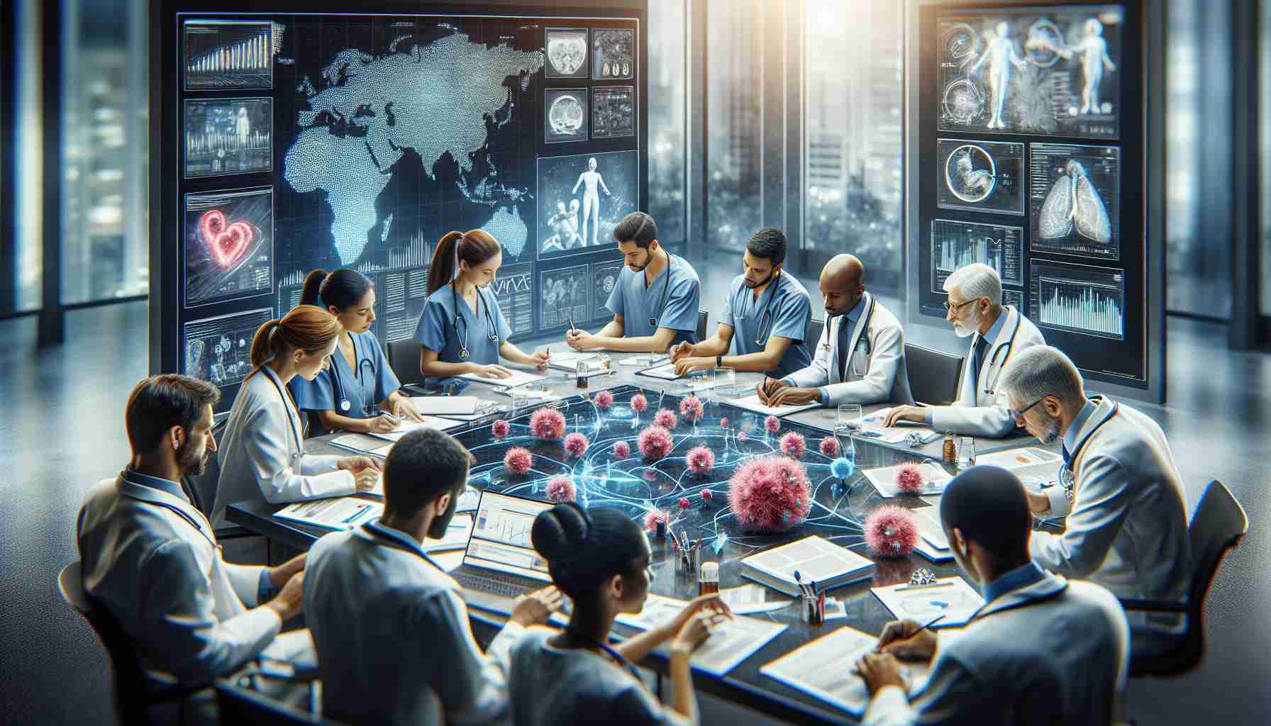 A highly detailed and realistic image, highlighting the vital role of collaboration in advancing public health. The scene shows a diverse group of healthcare professionals - a Caucasian male doctor, a Hispanic female nurse, a Black male researcher, and a South Asian female scientist - all working together in harmony. Papers with health policies and research findings are strewn across a large table, digital screens display data graphs and maps, while lively discussions are ongoing. In the room, there are visible symbols of health, like a microscopic view of cells, scrub suits, masks, and stethoscopes.