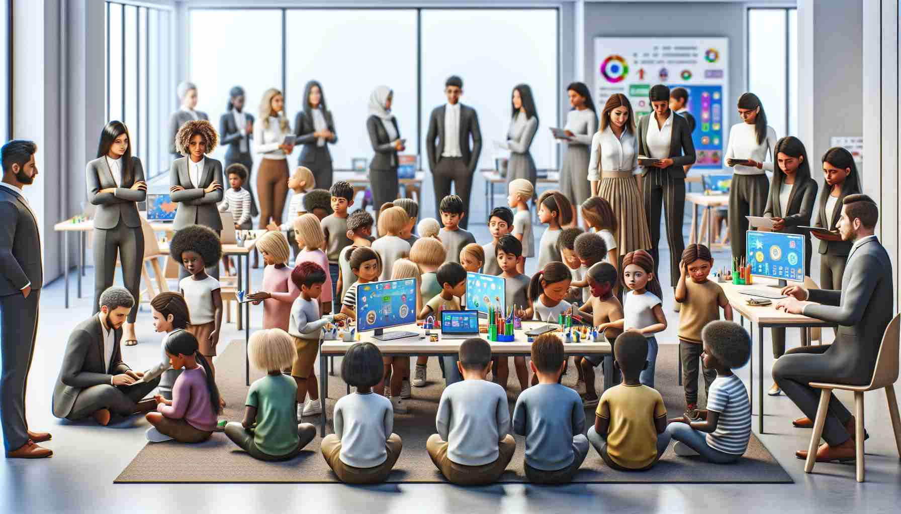 A realistic high-definition image of a scene depicting empowerment through innovation at a non-specified child development foundation. The scene features an array of diverse children from different descents such as Caucasian, Hispanic, African, Middle-Eastern, and South Asian, equally engaging with innovative learning tools. A few guides of varying genders, races, and descents are assisting them. The setting is a bright, comfortable learning environment filled with educational gadgets and a large screen displaying various innovative learning programs.